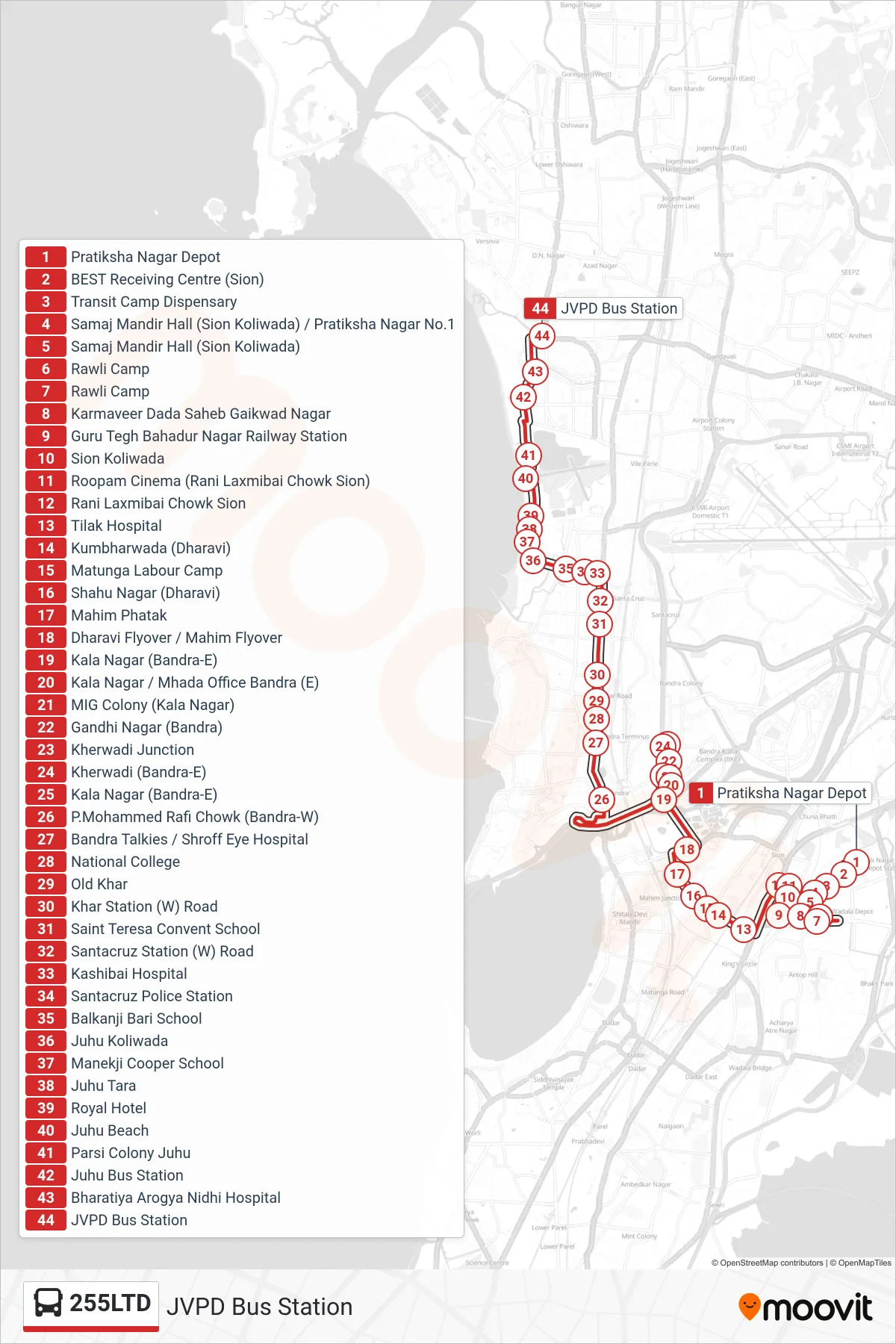 255LTD bus Line (JVPD Bus Station) route and stops on a map