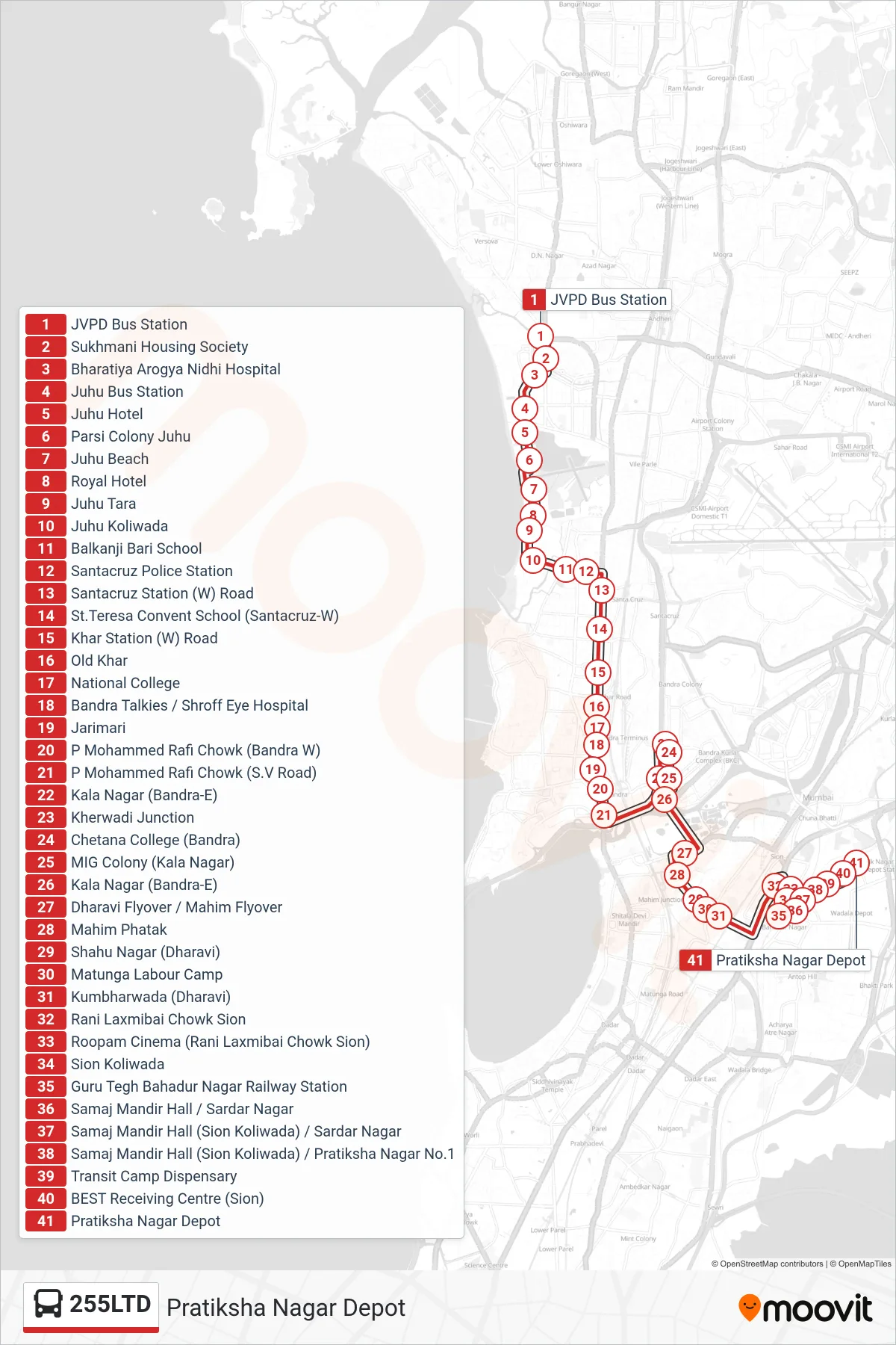 255LTD bus Line (Pratiksha Nagar Depot) route and stops on a map