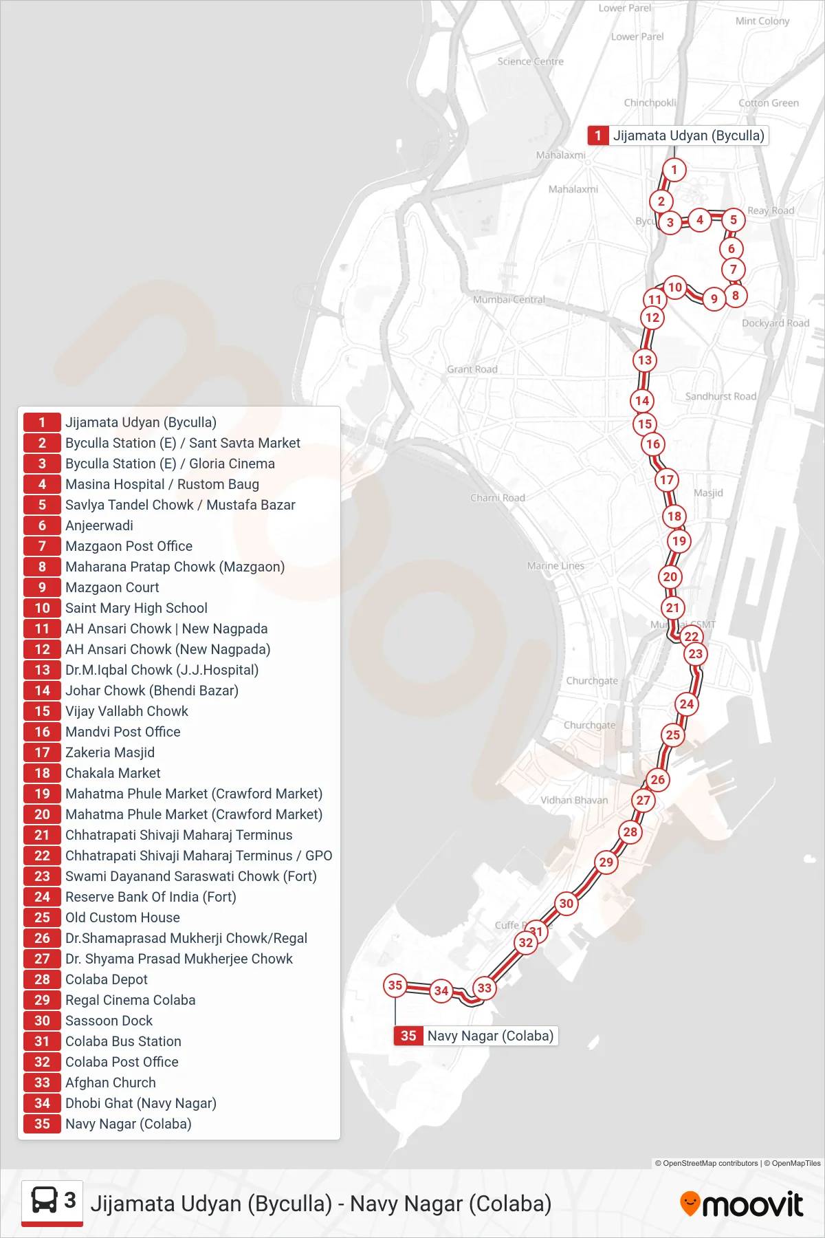 3 bus Line (Navy Nagar (Colaba)) route and stops on a map