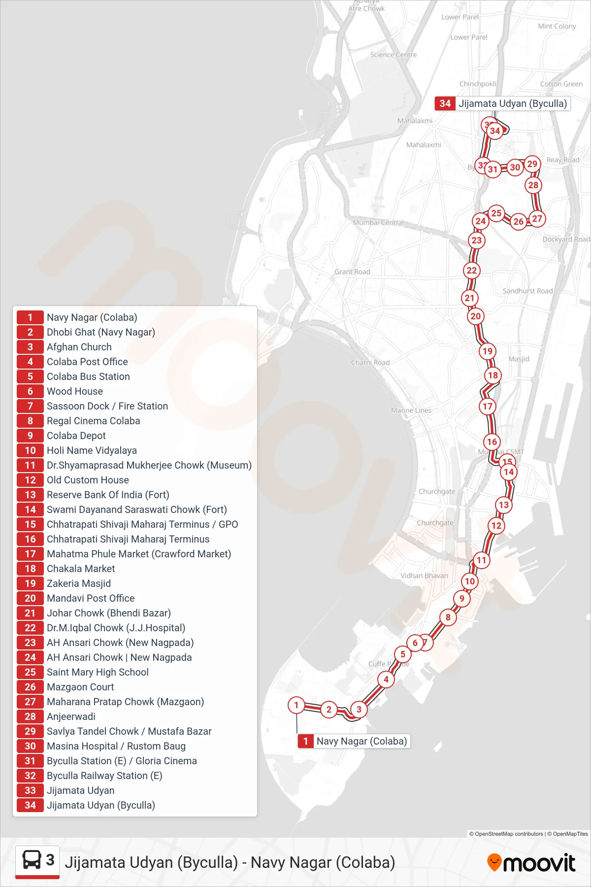 3 bus Line (Jijamata Udyan (Byculla)) route and stops on a map
