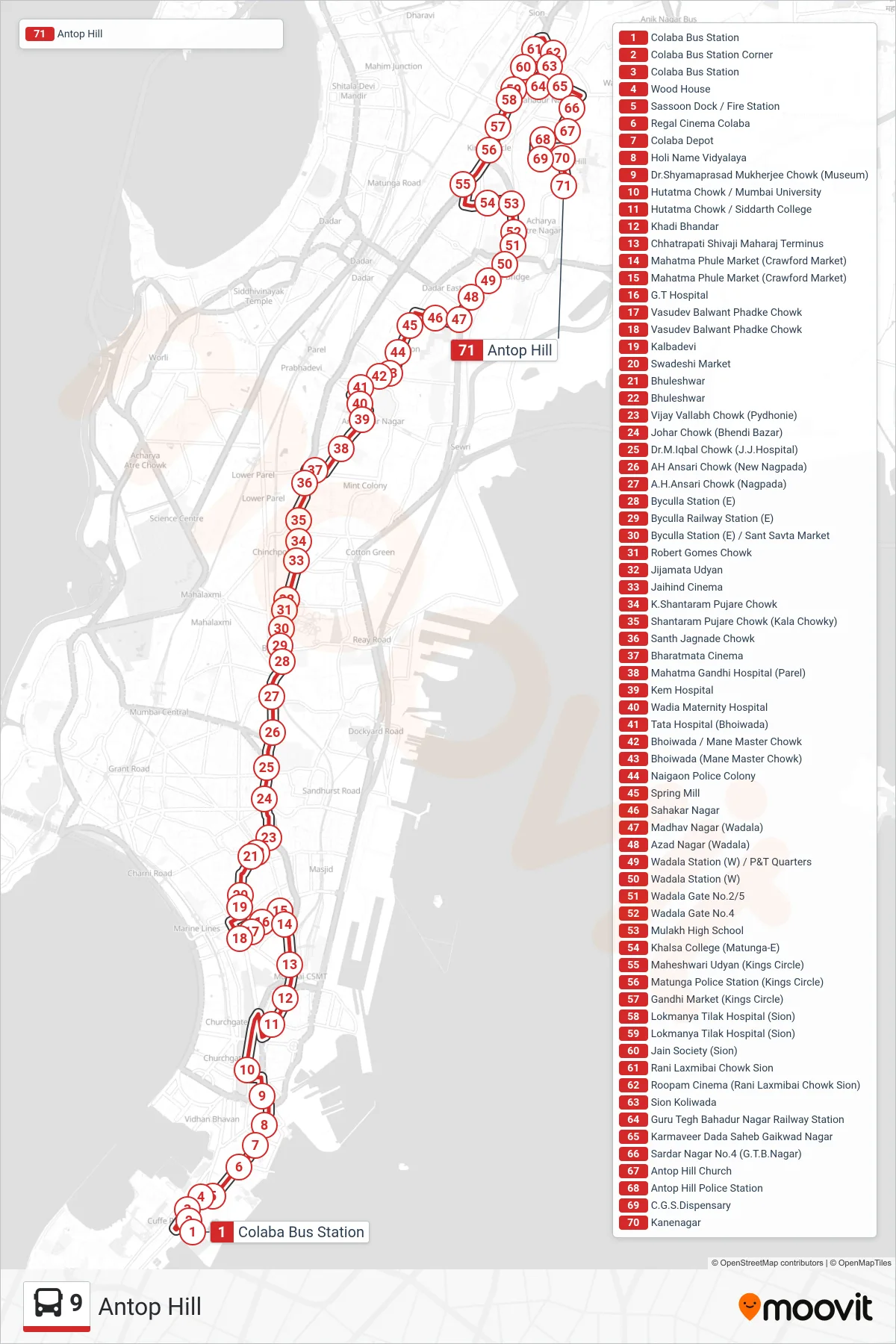 9 bus Line (Antop Hill) route and stops on a map