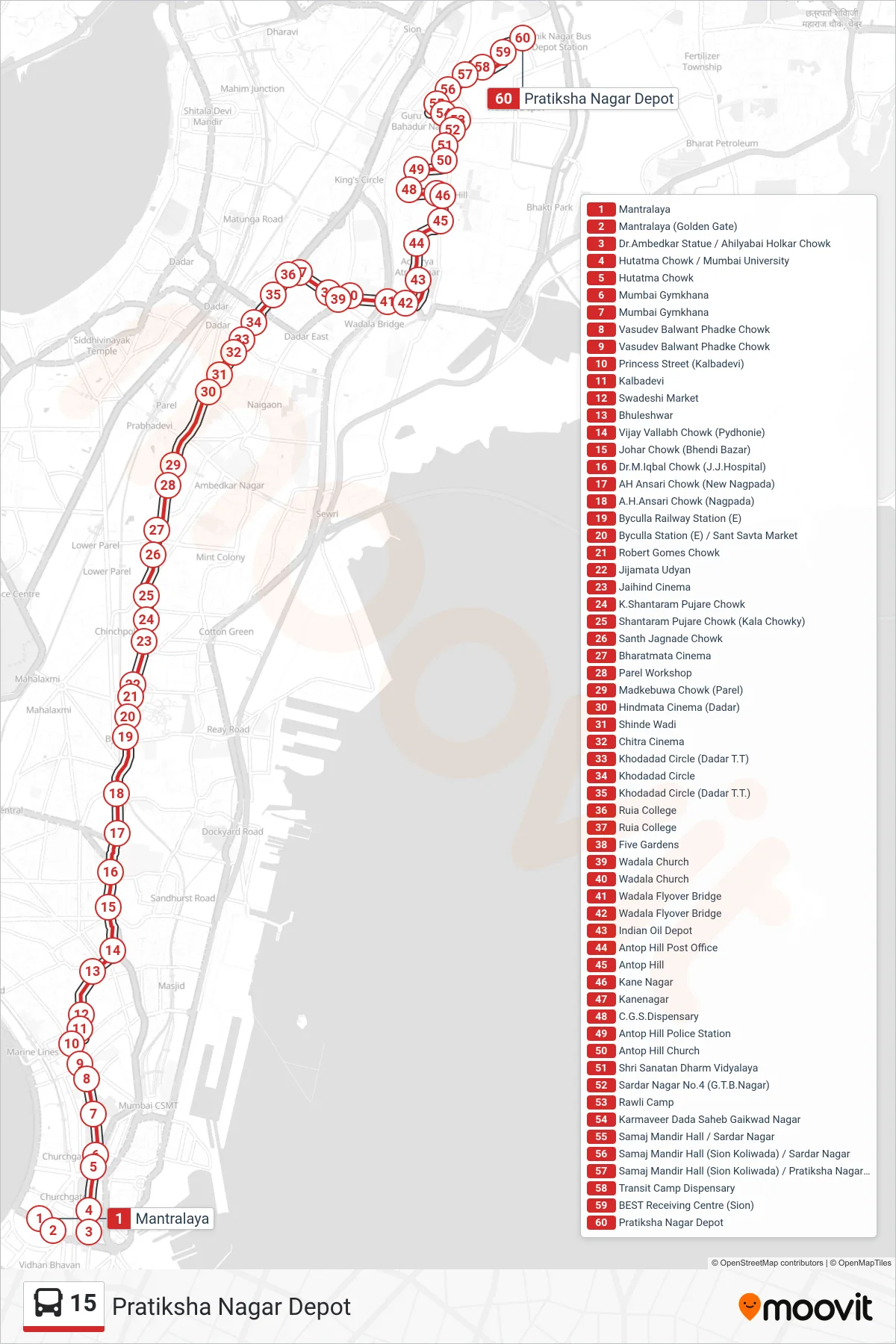 15 bus Line (Pratiksha Nagar Depot) route and stops on a map