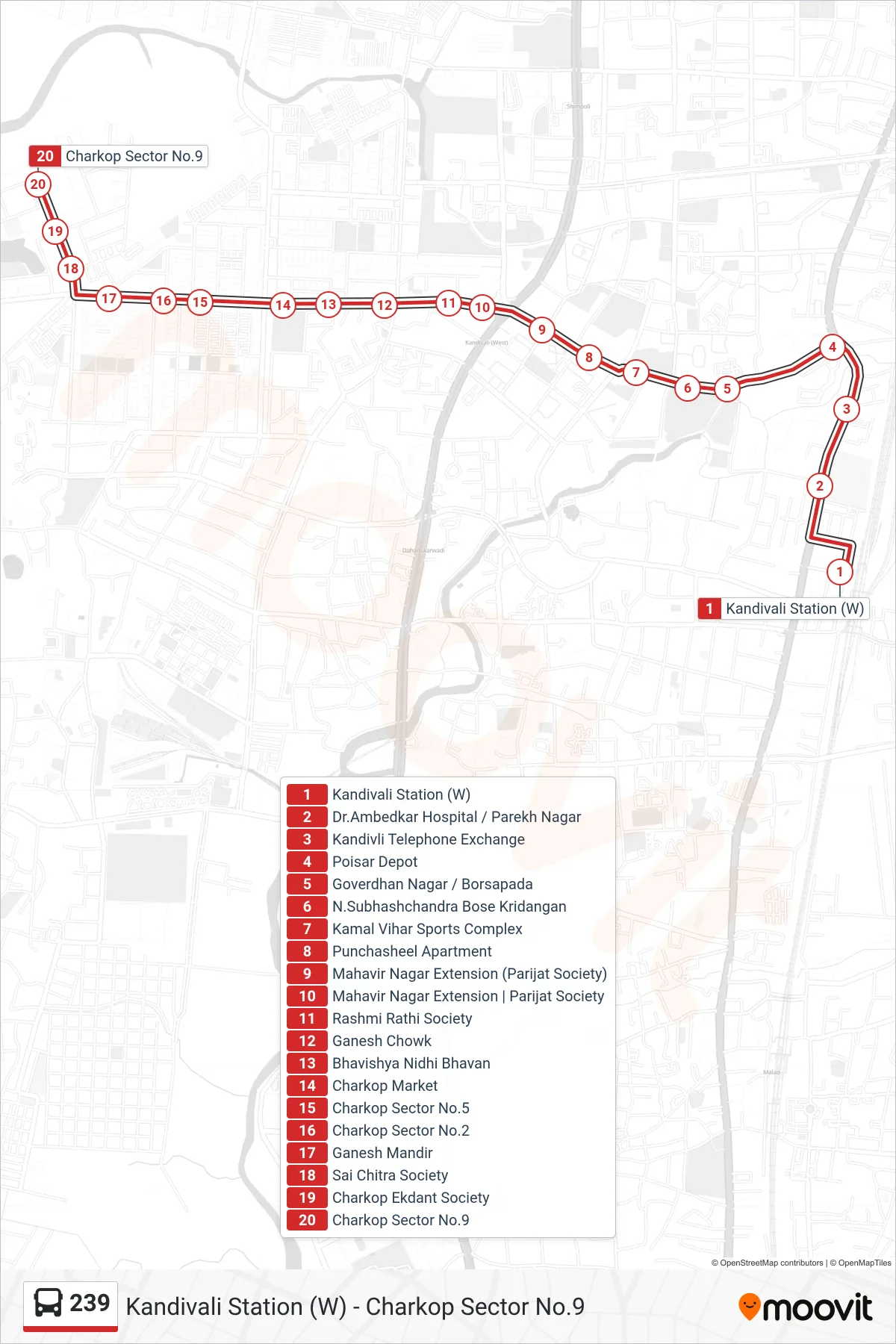 239 bus Line (Charkop Sector No.9) route and stops on a map