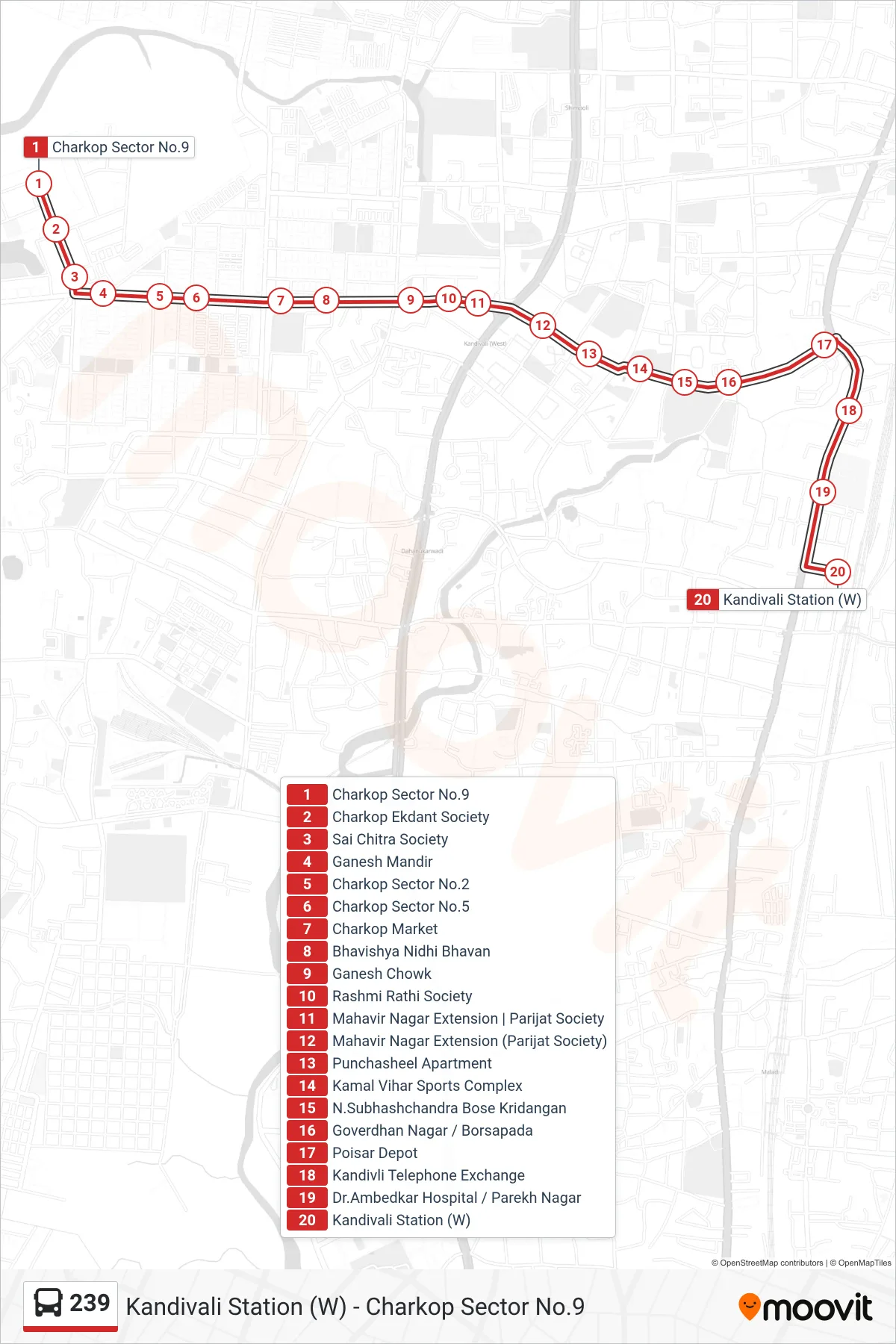 239 bus Line (Kandivali Station (W)) route and stops on a map
