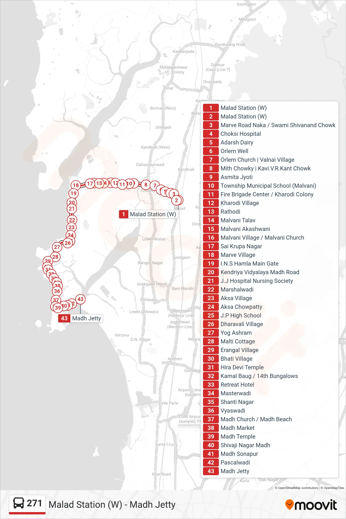 271 bus Line (Madh Jetty) route and stops on a map