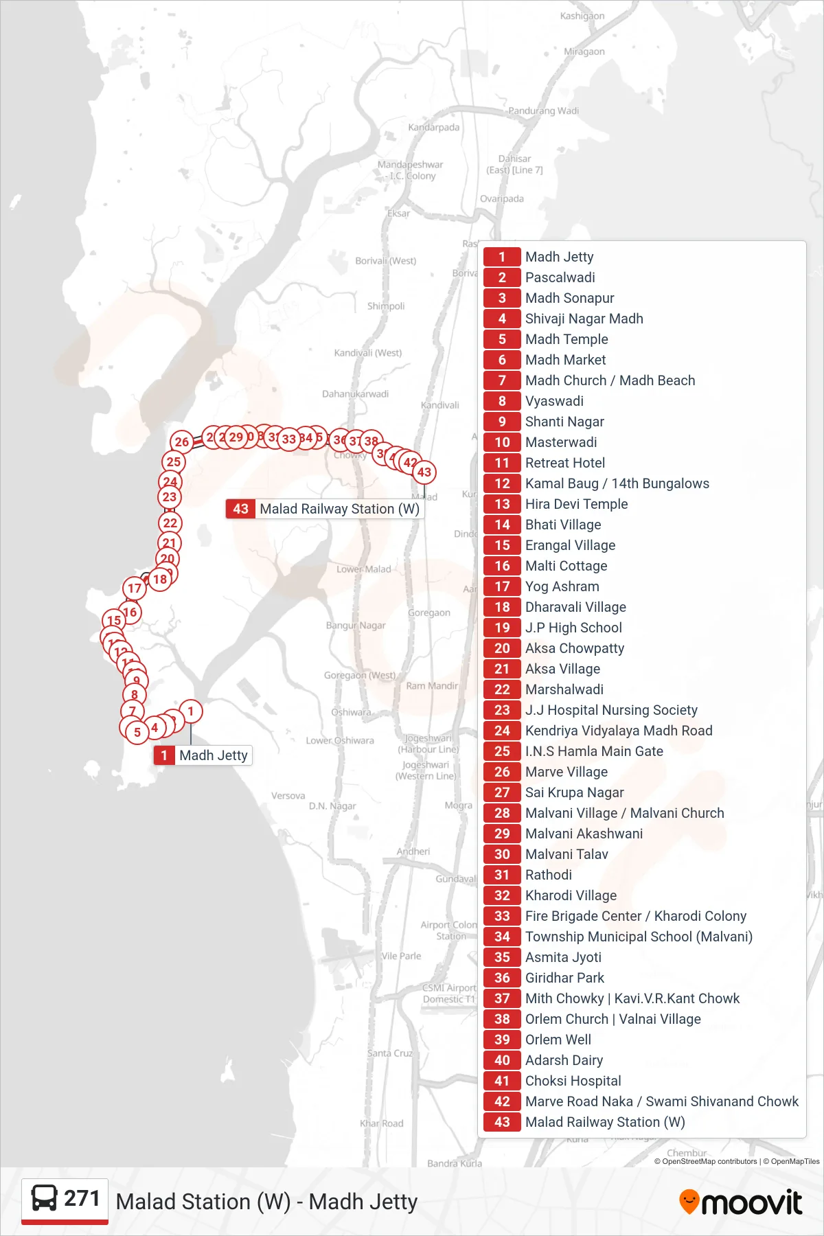 271 bus Line (Malad Station (W)) route and stops on a map