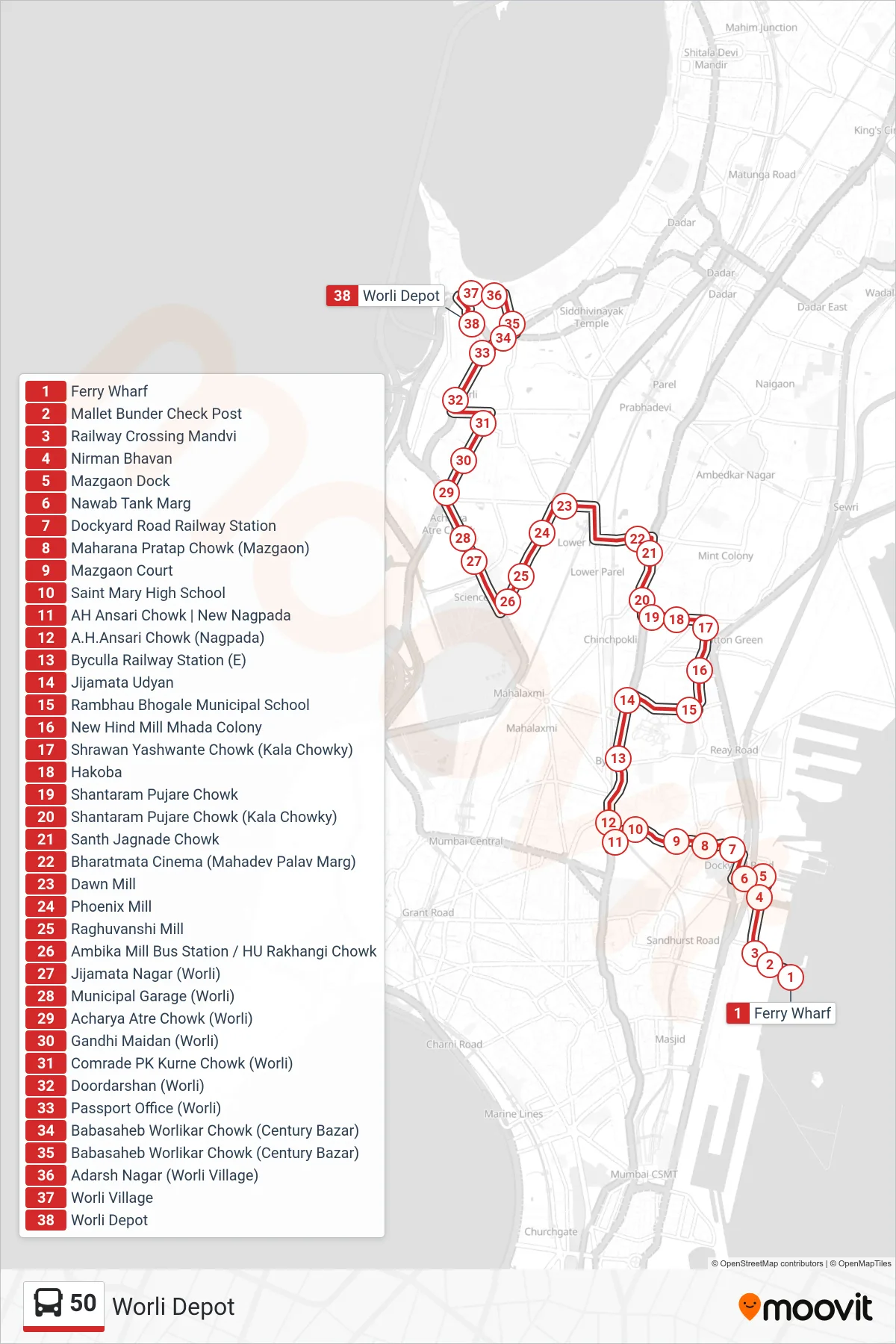 50 bus Line (Worli Depot) route and stops on a map