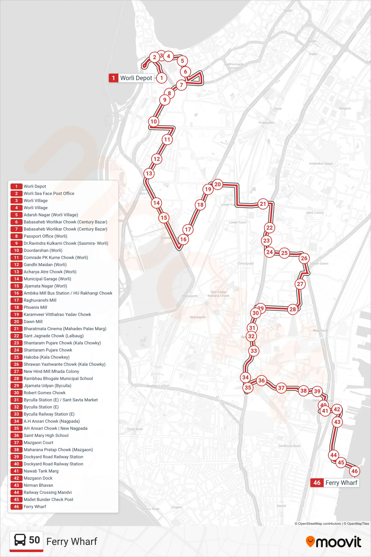 50 bus Line (Ferry Wharf) route and stops on a map