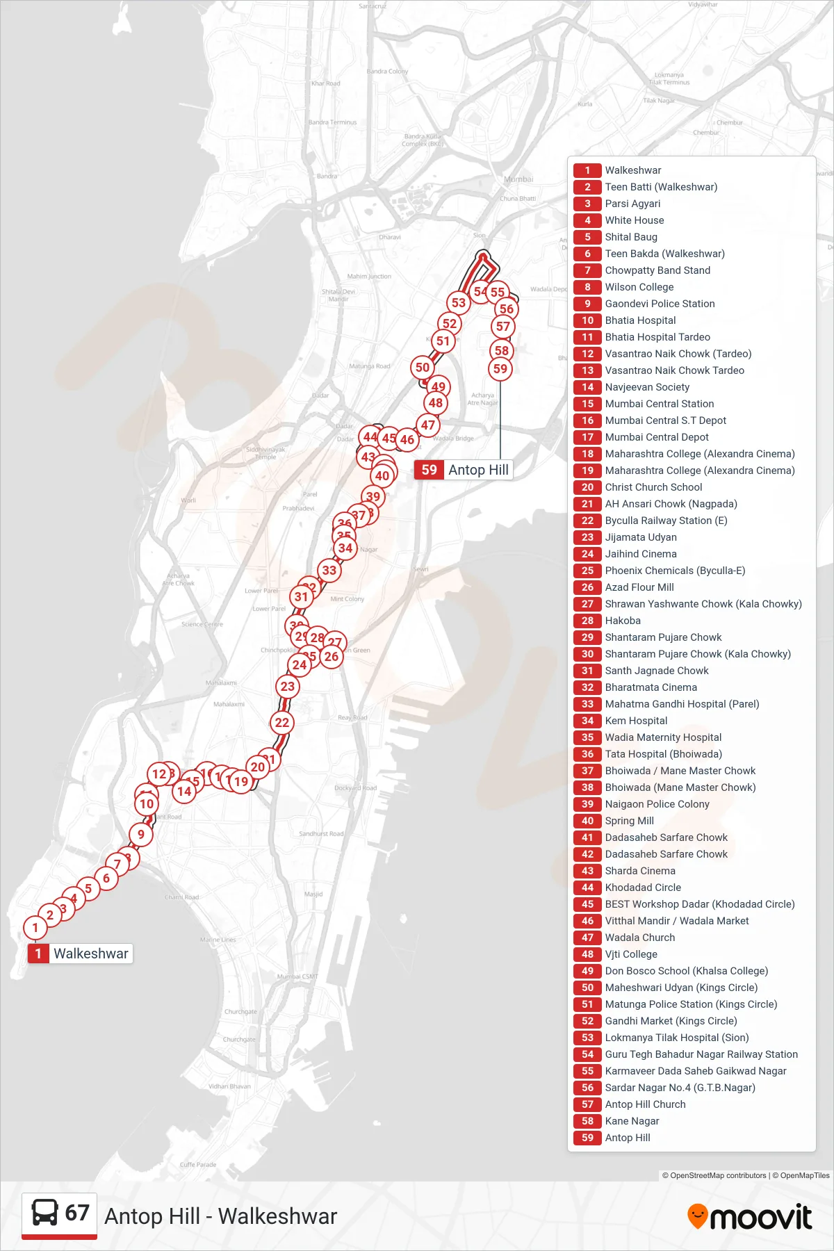 67 bus Line (Antop Hill) route and stops on a map