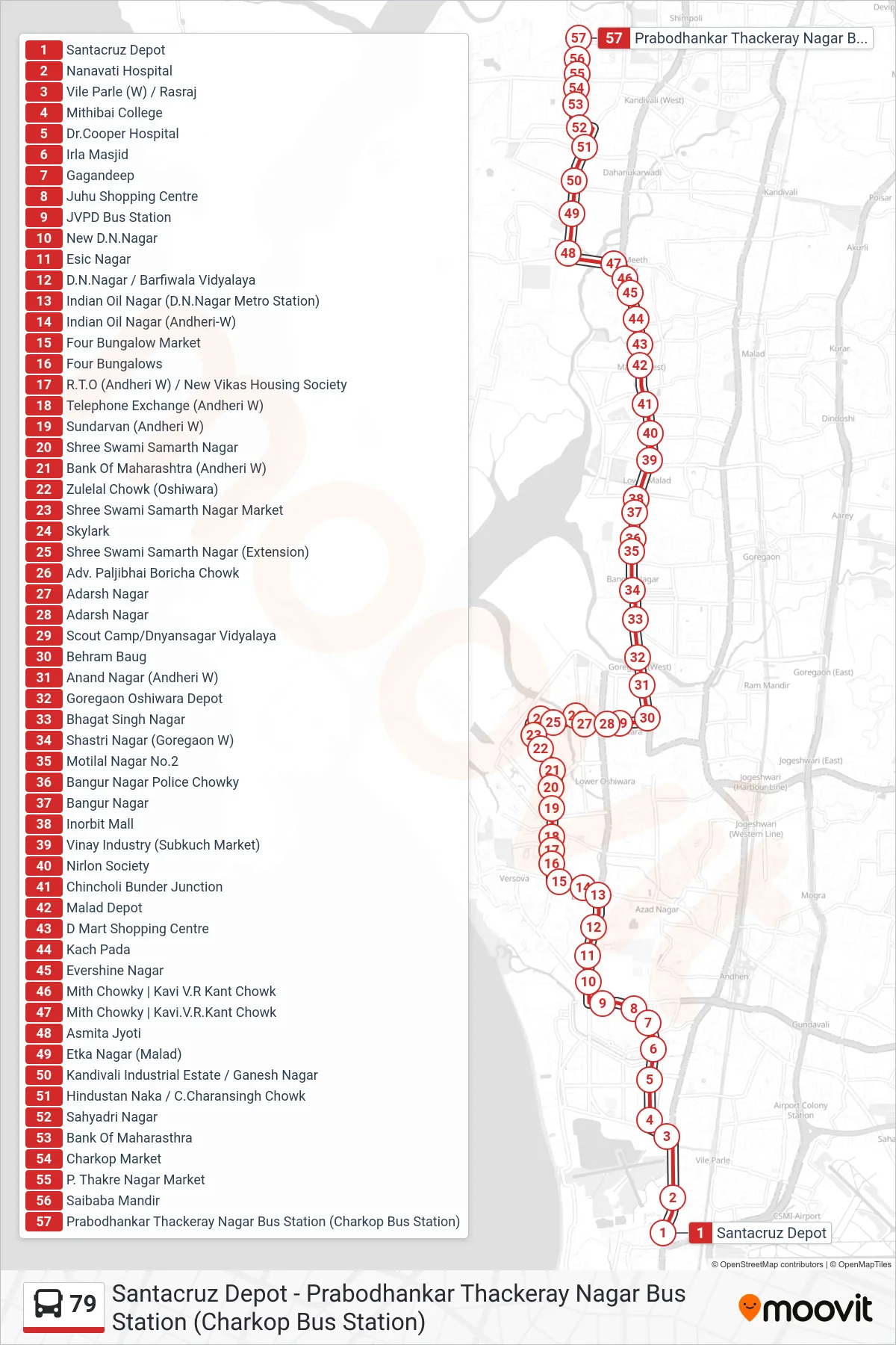 79 bus Line (Prabodhankar Thackeray Nagar Bus Station (Charkop Bus Station)) route and stops on a map