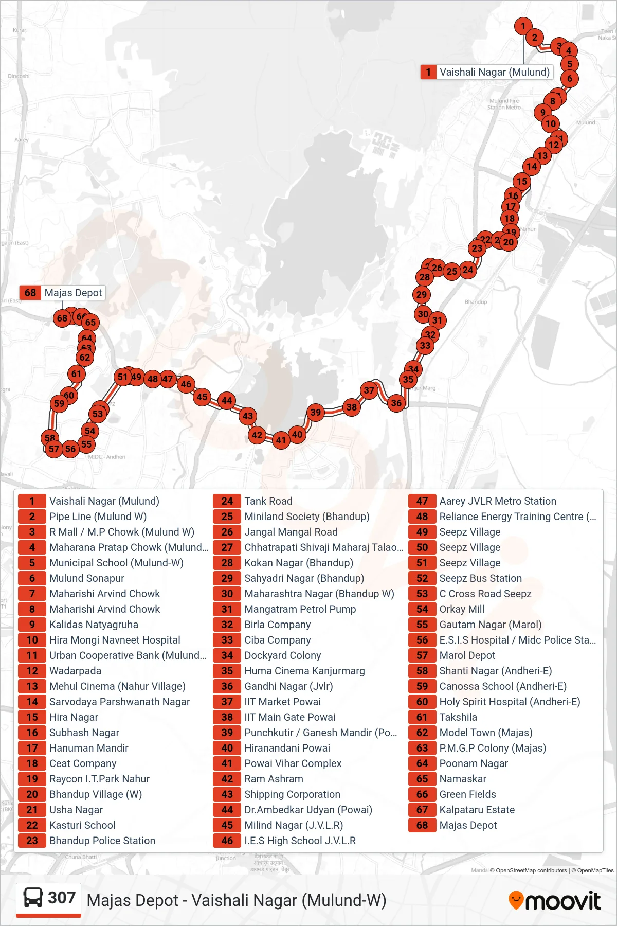 307 bus Line (Majas Depot) route and stops on a map