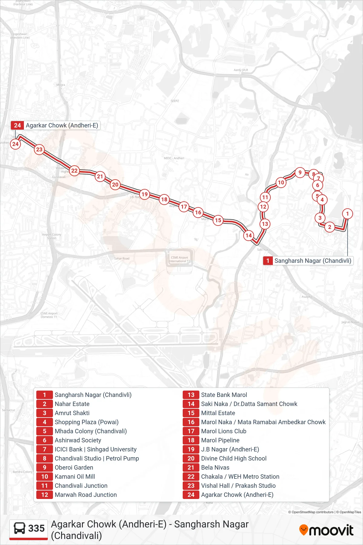 335 bus Line (Agarkar Chowk (Andheri-E)) route and stops on a map