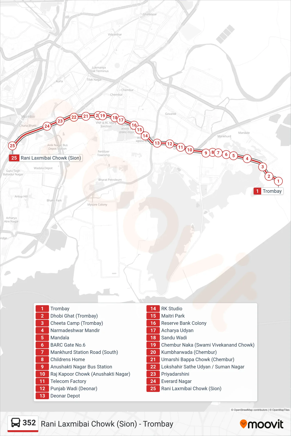 352 bus Line (Rani Laxmibai Chowk (Sion)) route and stops on a map