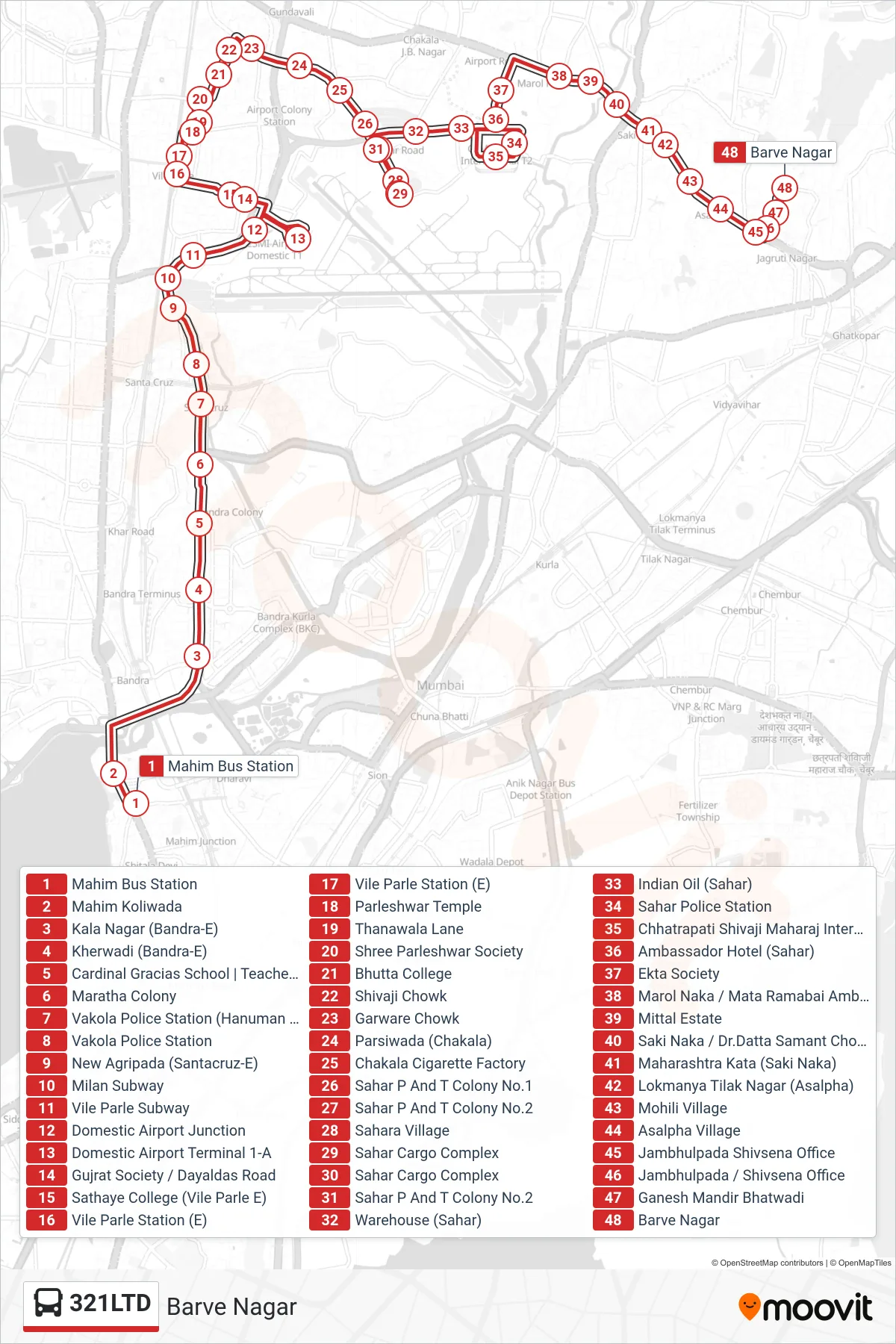 321LTD bus Line (Barve Nagar) route and stops on a map