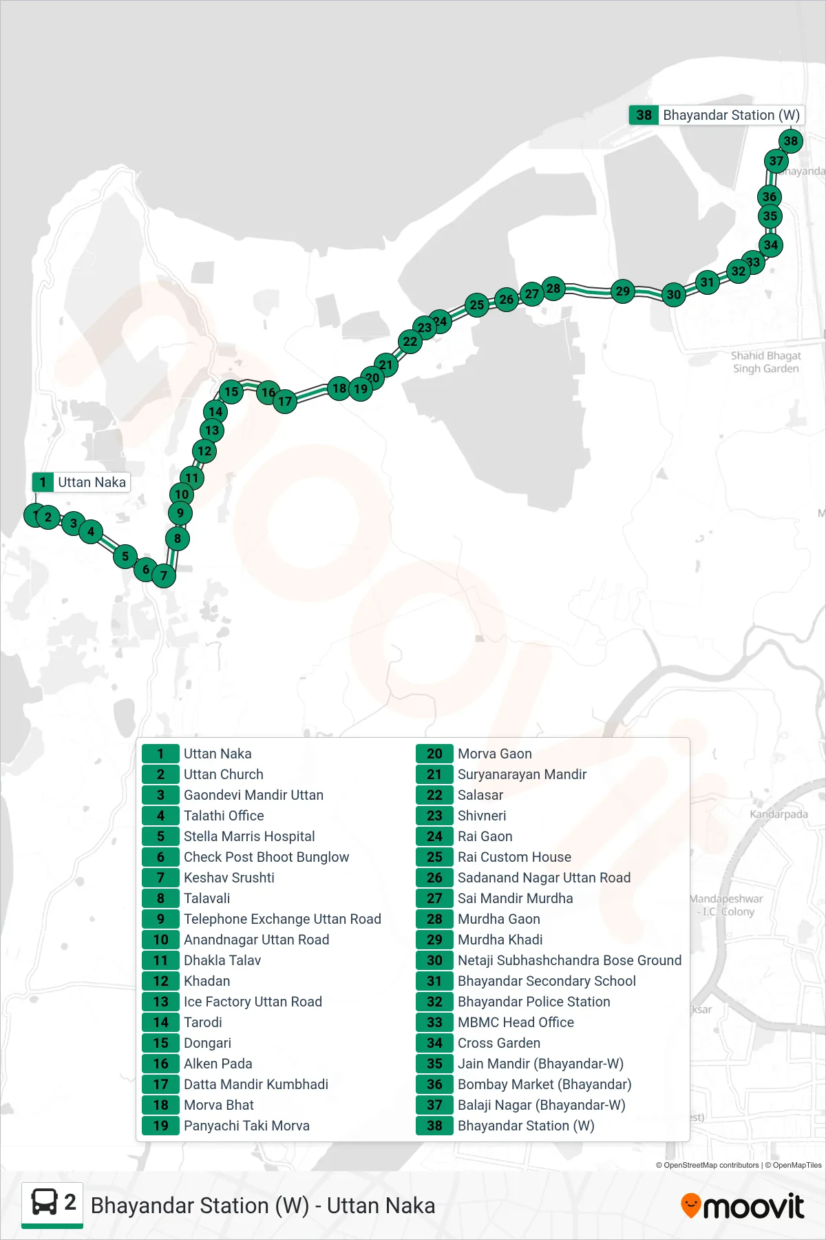 2 bus Line (Bhayandar Station (W)) route and stops on a map