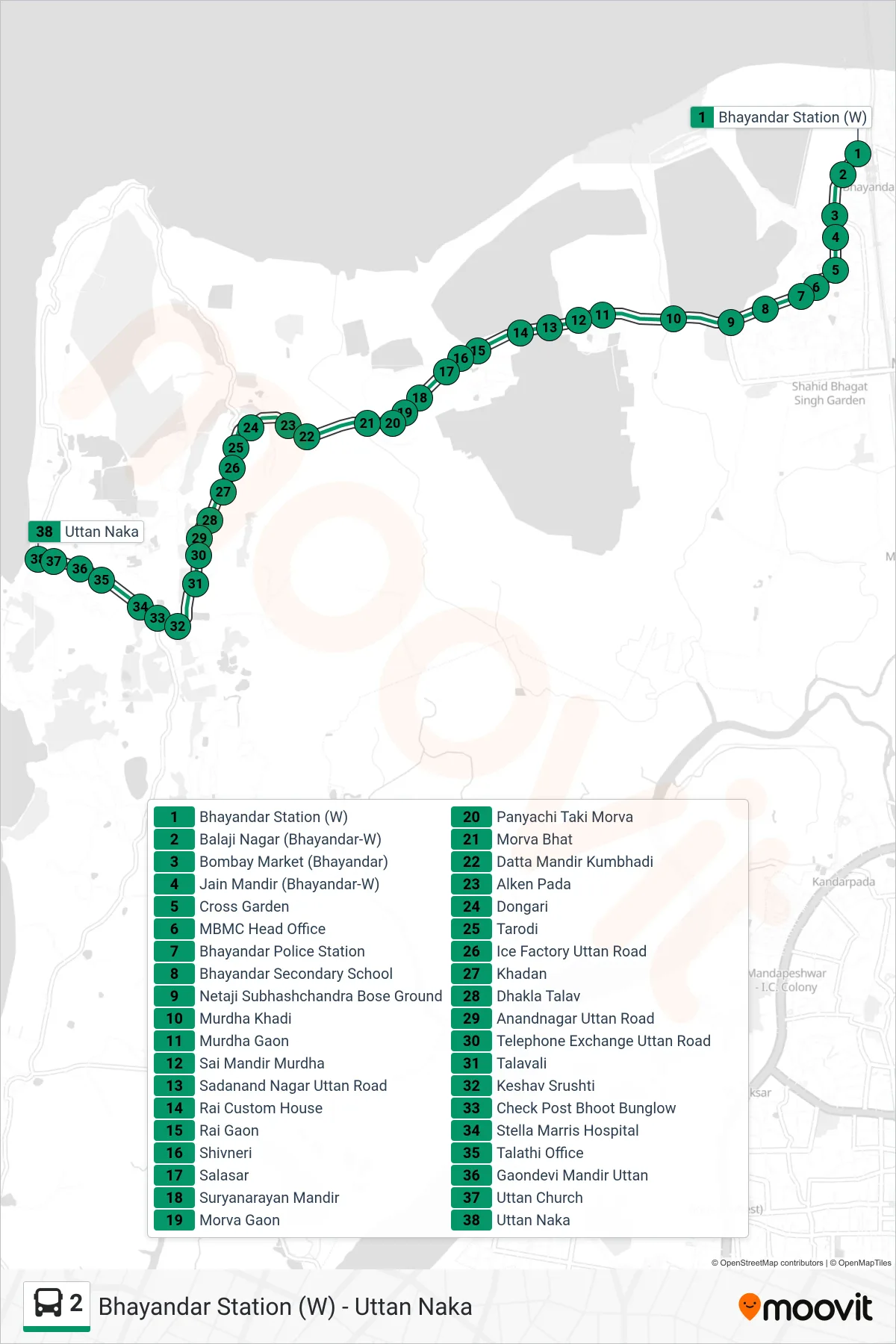 2 bus Line (Uttan Naka) route and stops on a map