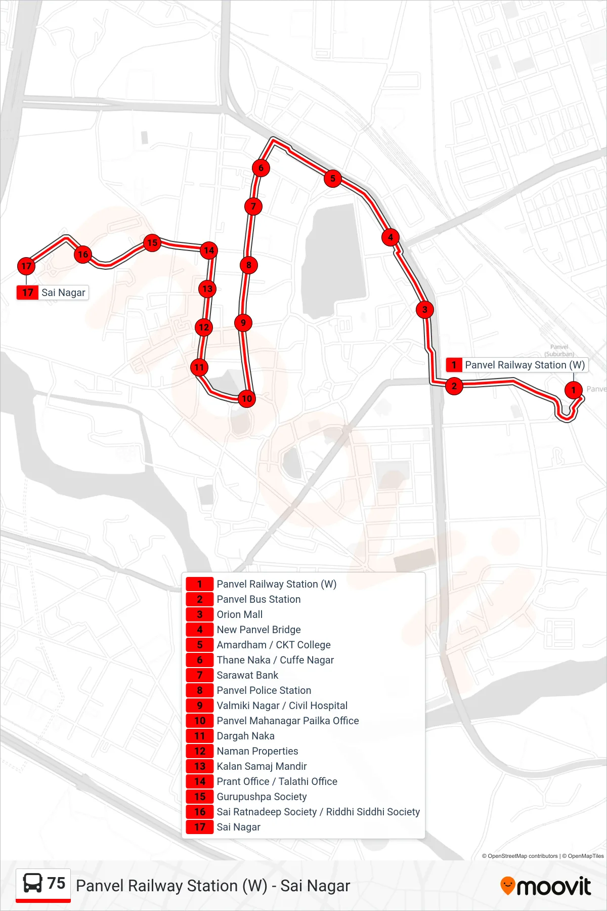 75 bus Line (Sai Nagar) route and stops on a map