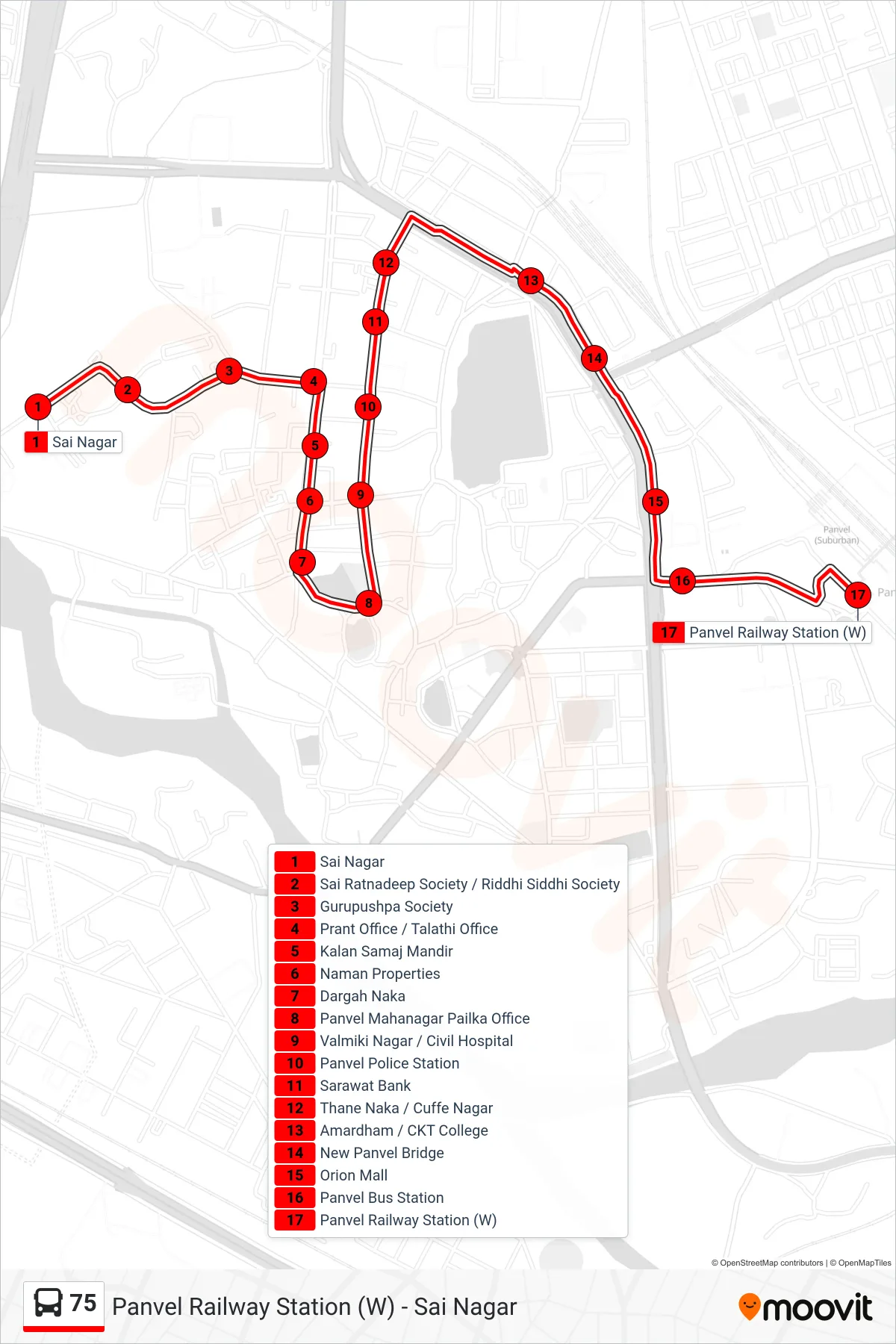 75 bus Line (Panvel Railway Station (W)) route and stops on a map