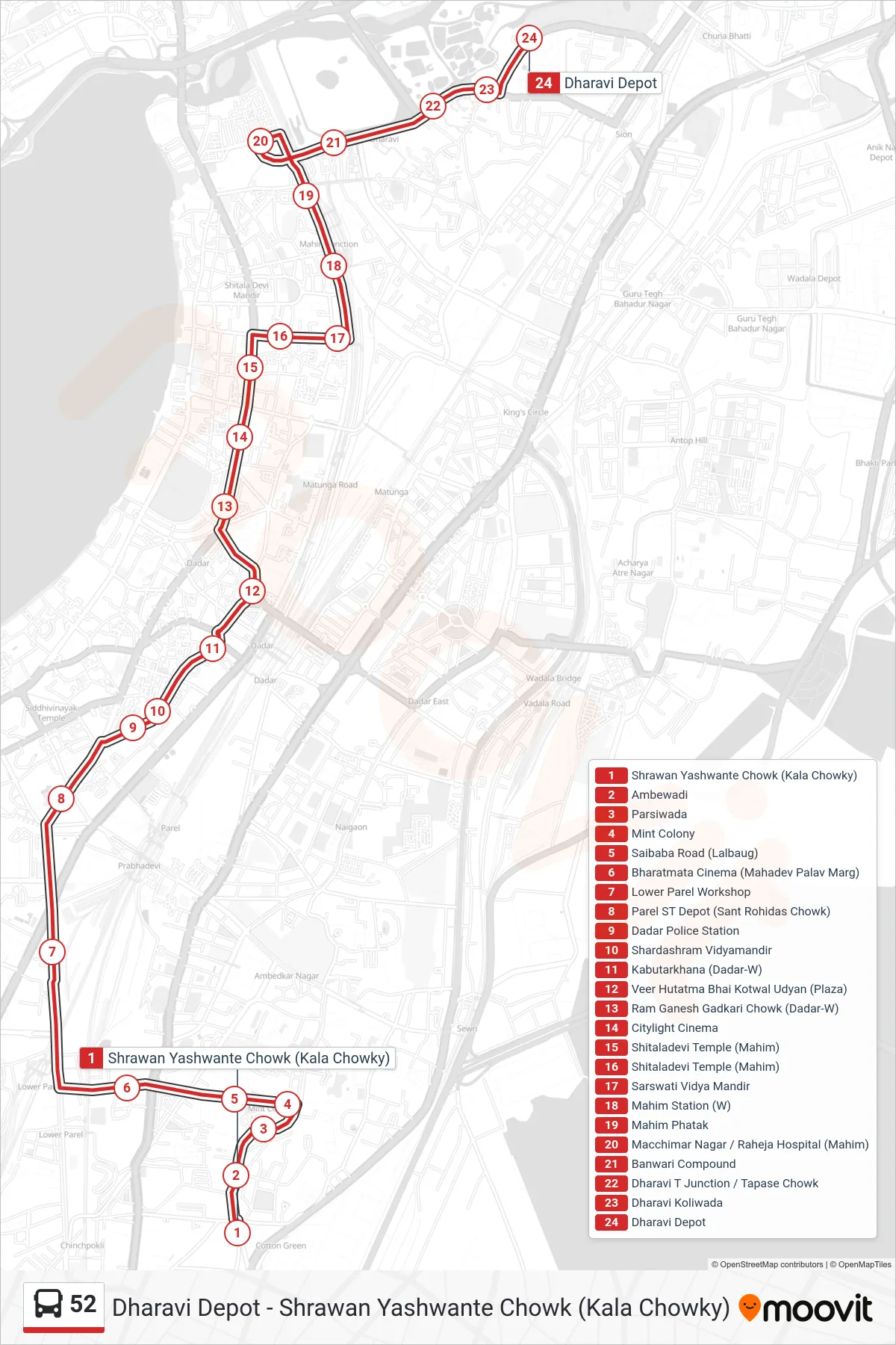 52 bus Line (Dharavi Depot) route and stops on a map