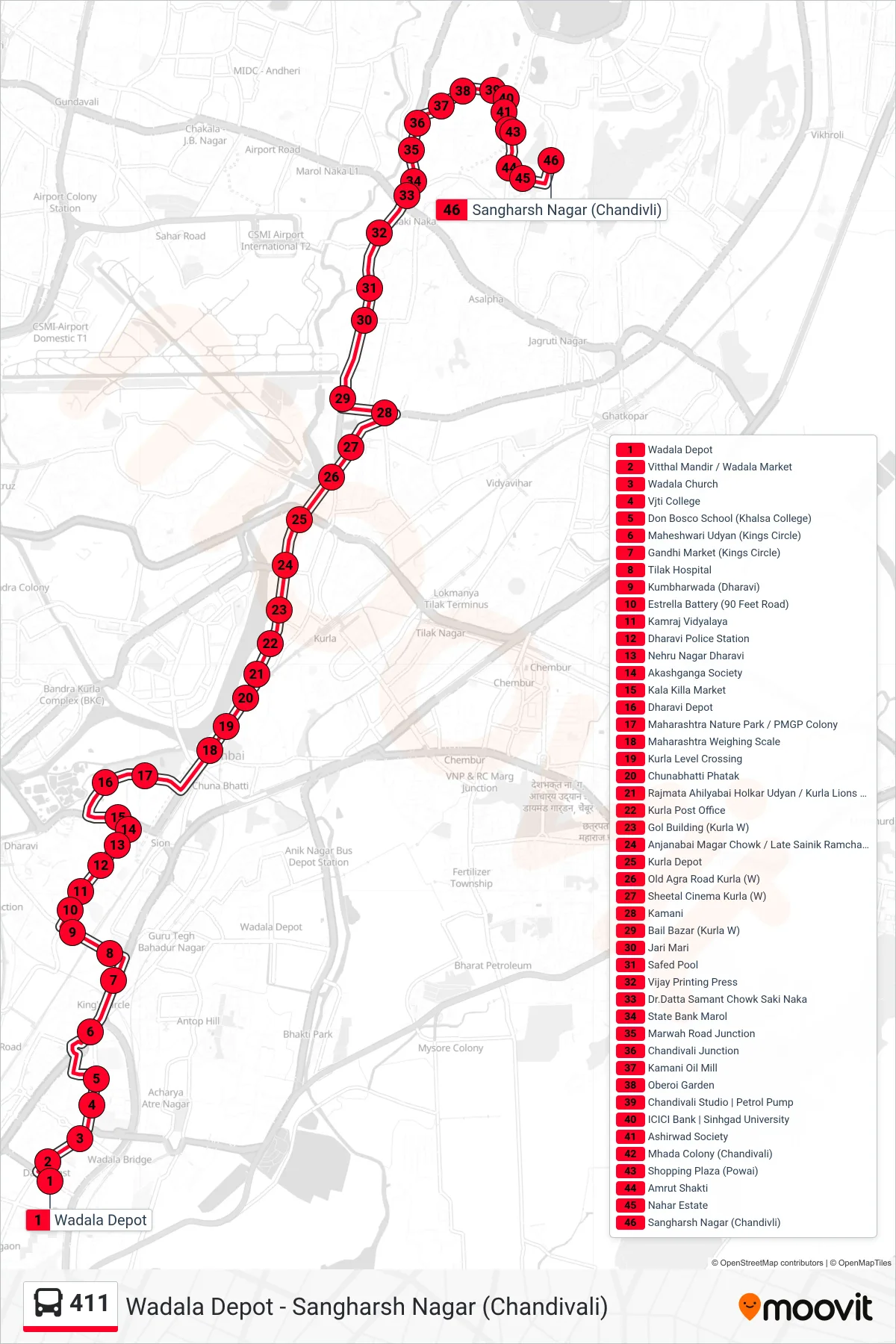 411 bus Line (Sangharsh Nagar (Chandivali)) route and stops on a map