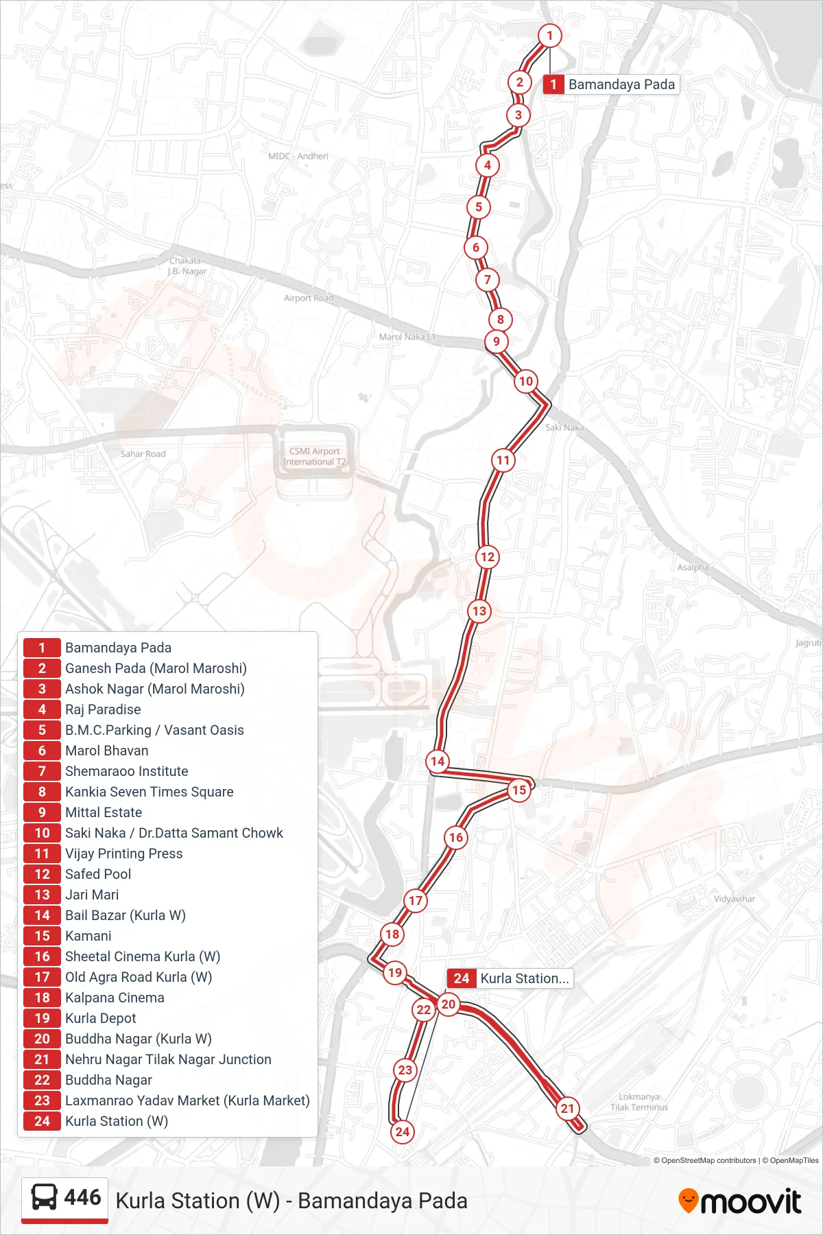 446 bus Line (Kurla Station (W)) route and stops on a map
