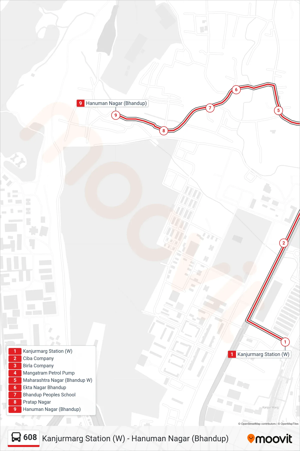 608 bus Line (Hanuman Nagar (Bhandup)) route and stops on a map