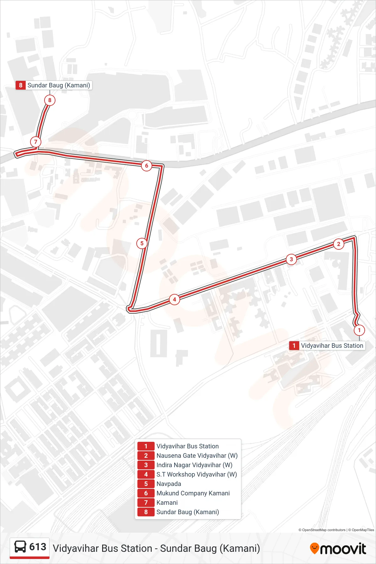 613 bus Line (Sundar Baug (Kamani)) route and stops on a map