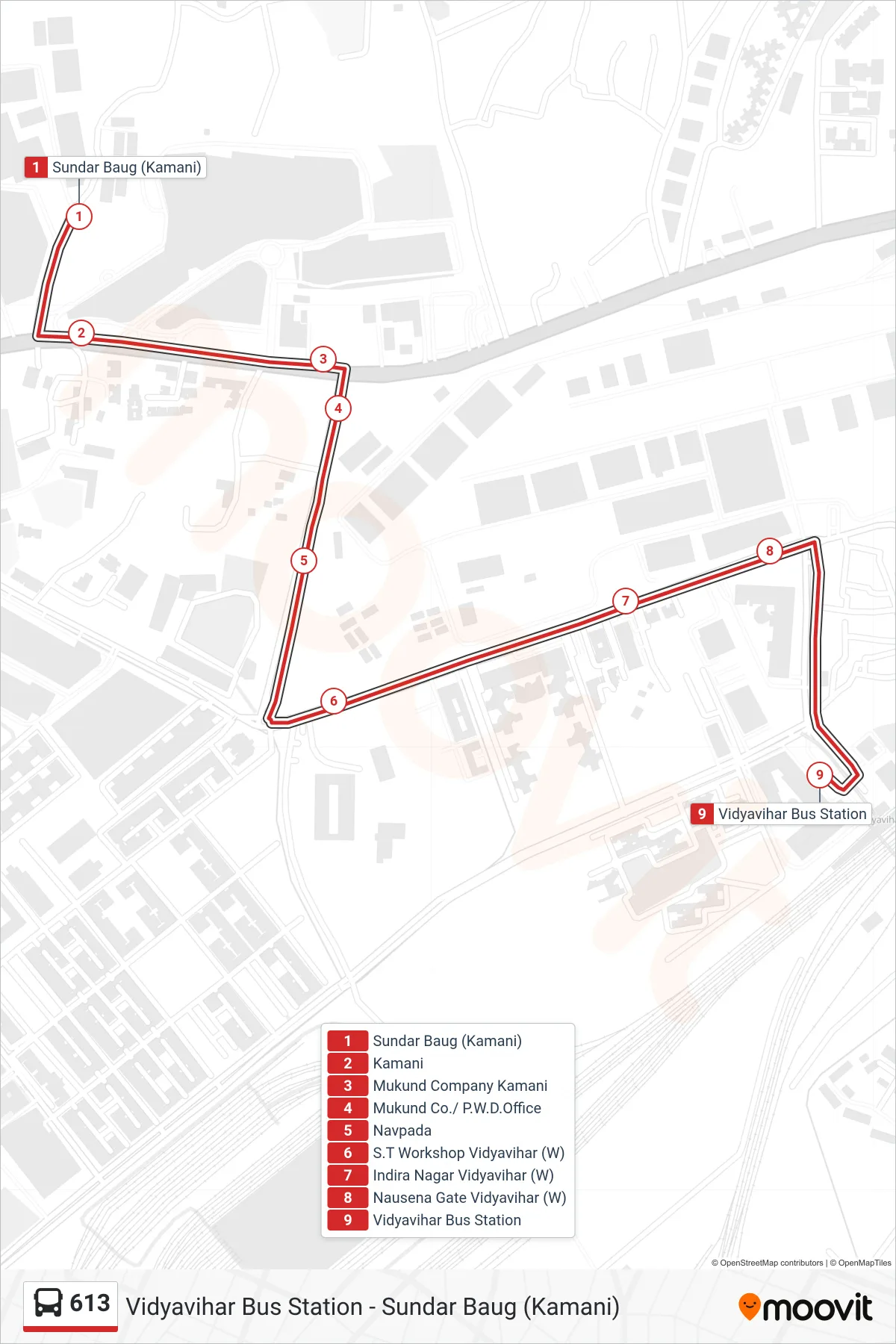 613 bus Line (Vidyavihar Bus Station) route and stops on a map