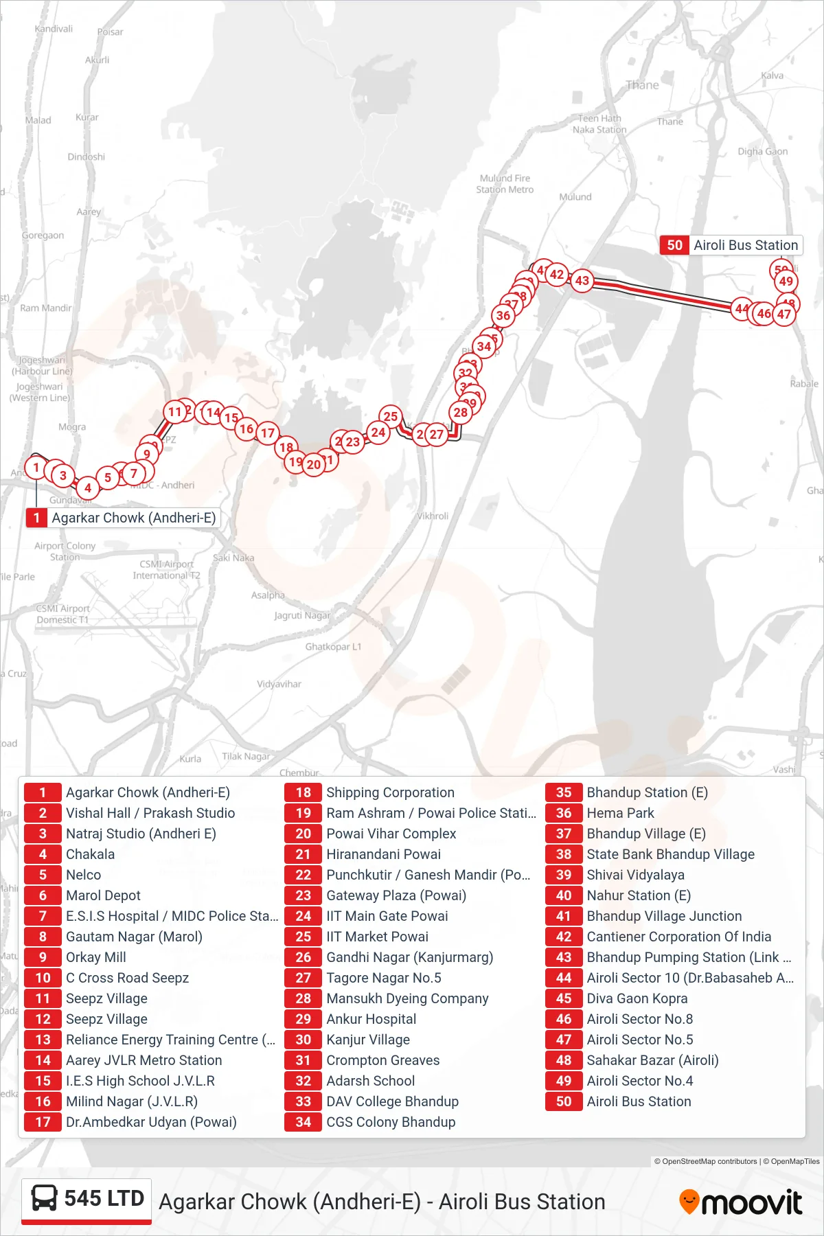 545 LTD bus Line (Airoli Bus Station) route and stops on a map