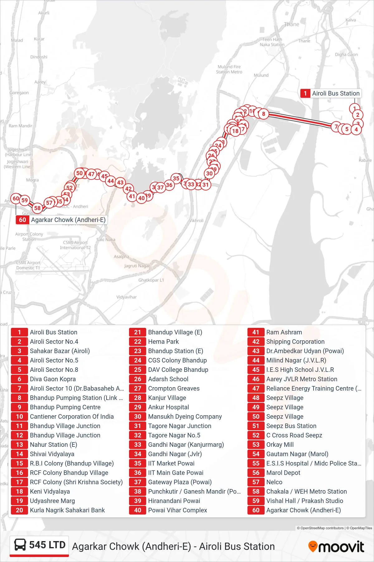 545 LTD bus Line (Agarkar Chowk (Andheri-E)) route and stops on a map