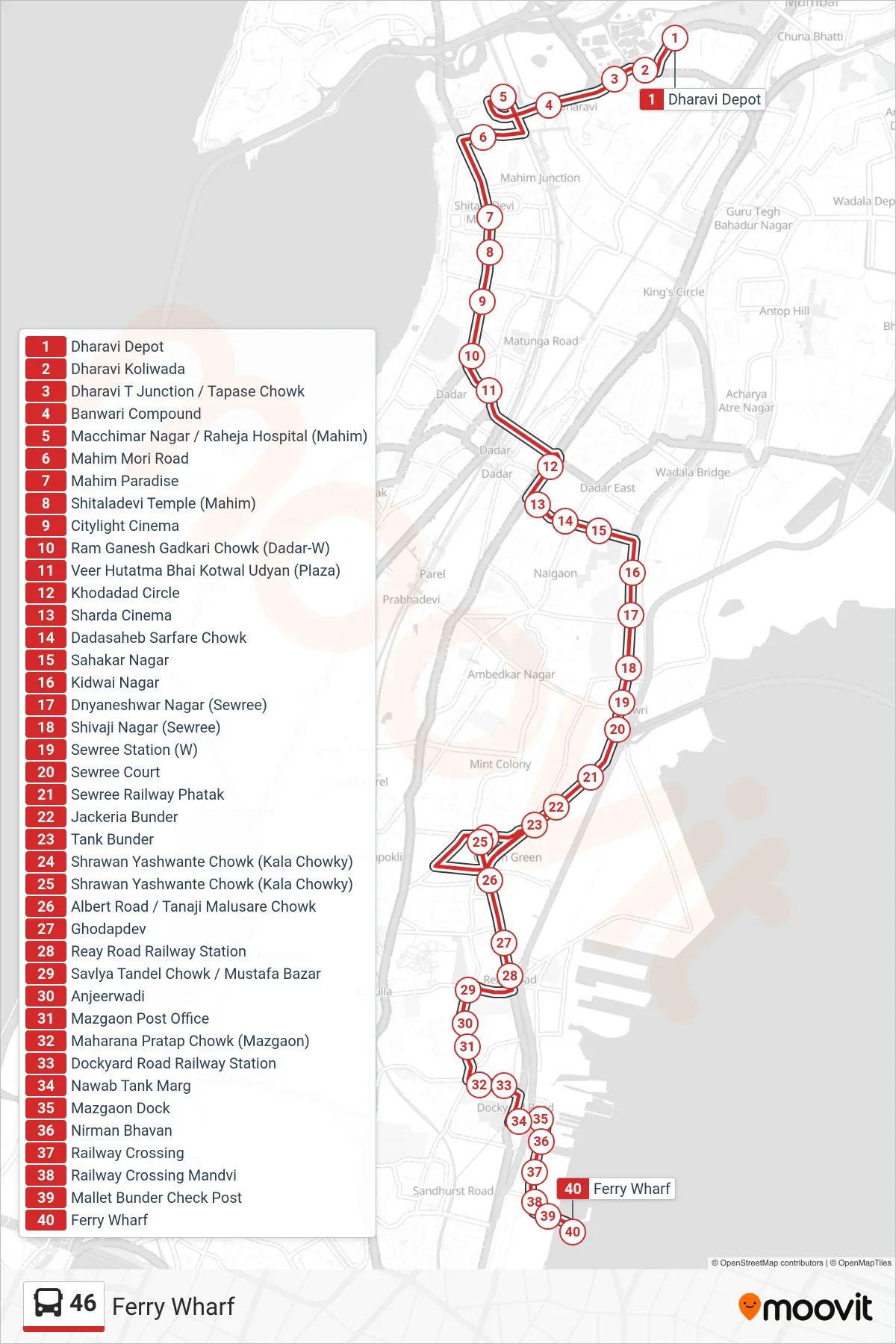 46 bus Line (Ferry Wharf) route and stops on a map