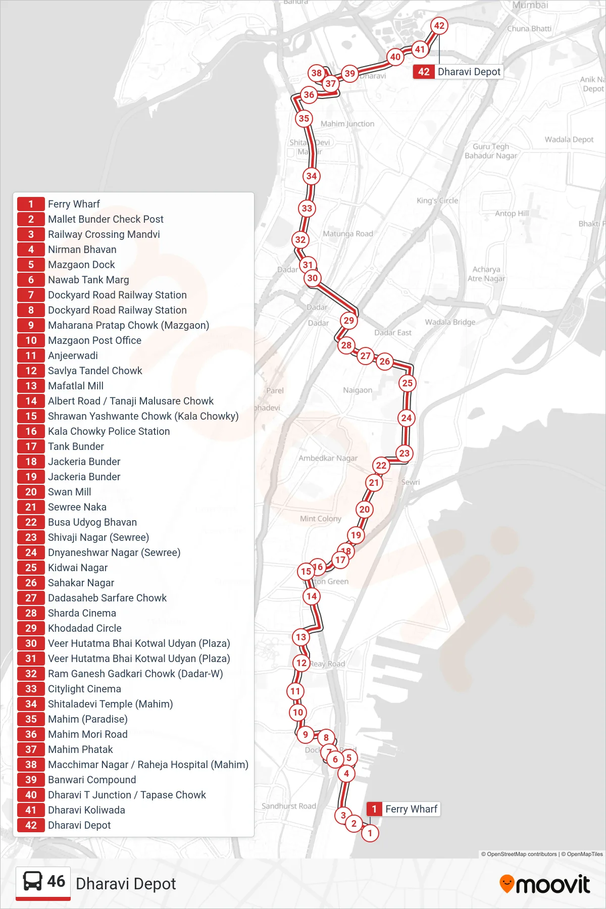 46 bus Line (Dharavi Depot) route and stops on a map