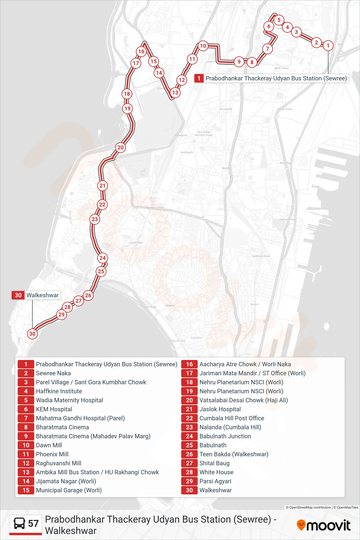 57 bus Line (Walkeshwar) route and stops on a map