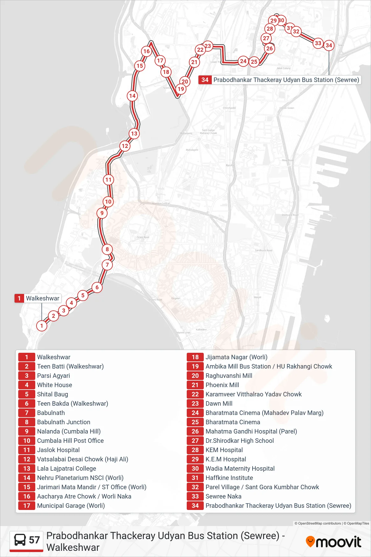 57 bus Line (Prabodhankar Thackeray Udyan Bus Station (Sewree)) route and stops on a map