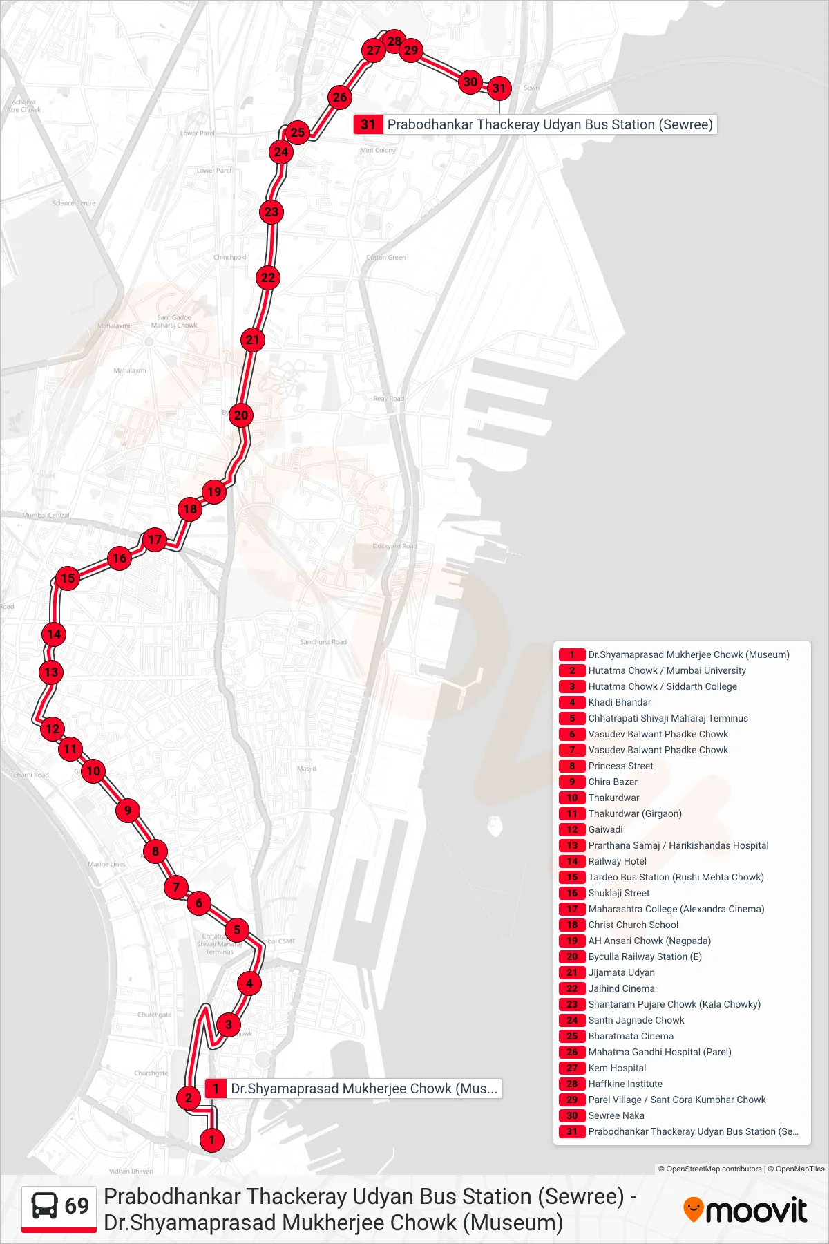 69 bus Line (Prabodhankar Thackeray Udyan Bus Station (Sewree)) route and stops on a map