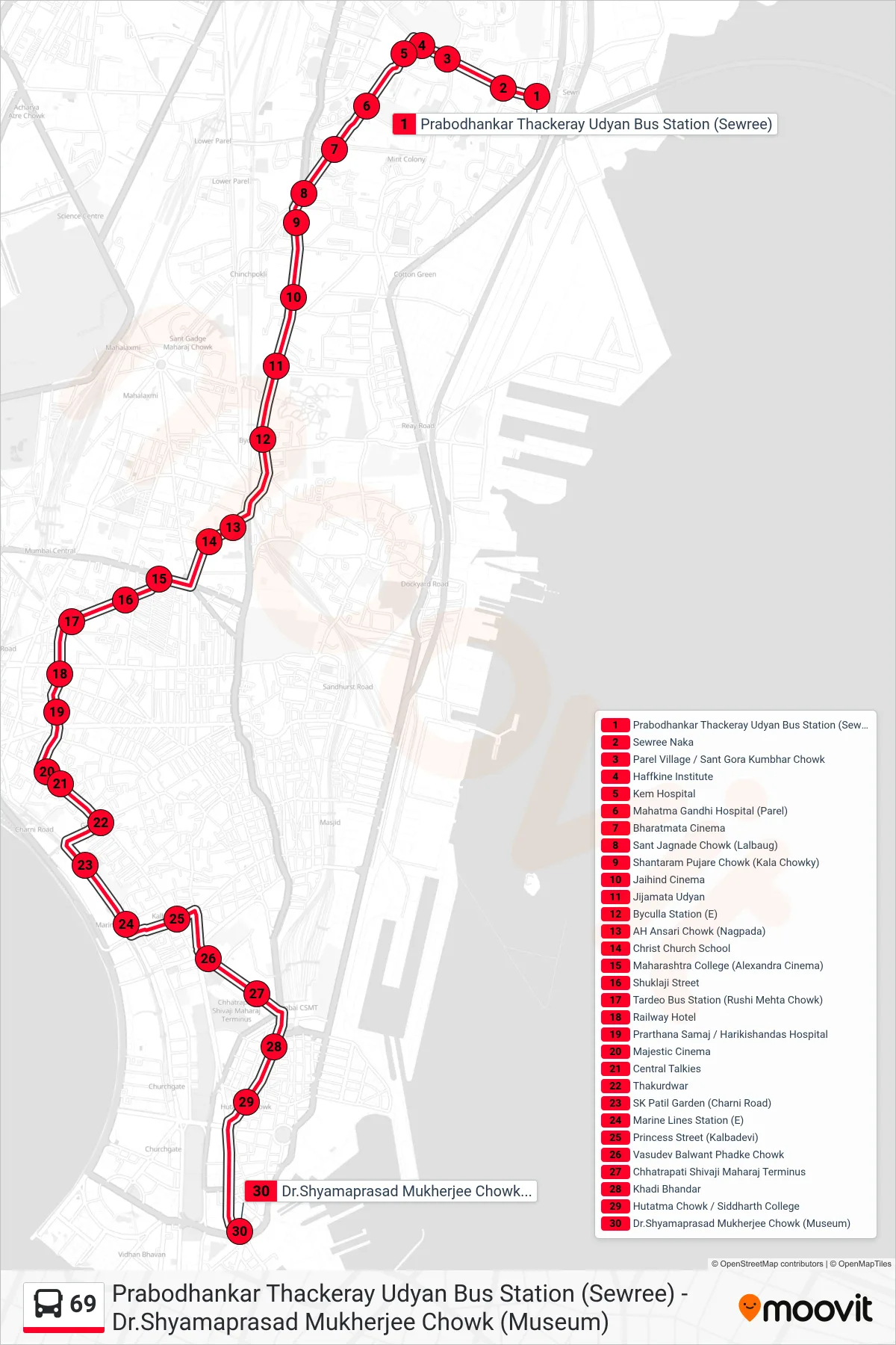69 bus Line (Dr.Shyamaprasad Mukherjee Chowk (Museum)) route and stops on a map