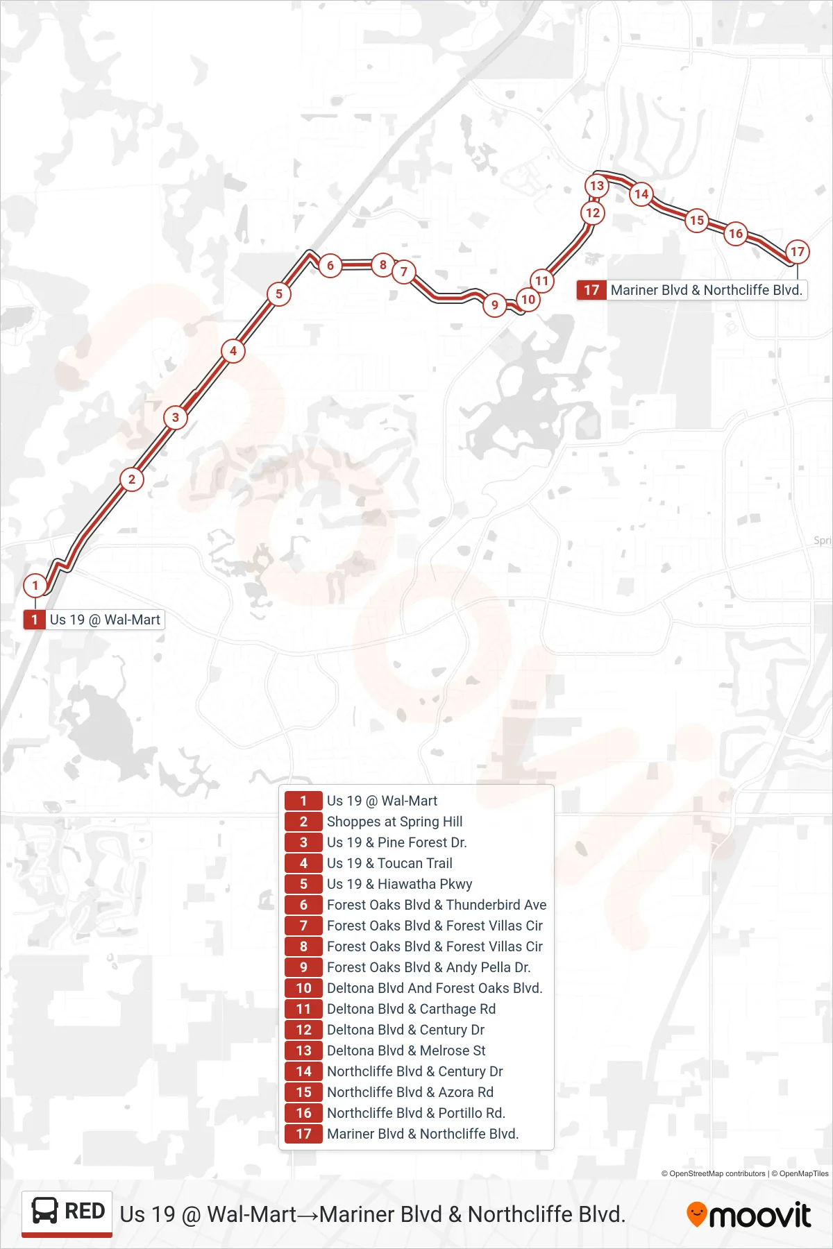 RED bus Line (Us 19 @ Wal-Mart→Mariner Blvd & Northcliffe Blvd.) route and stops on a map