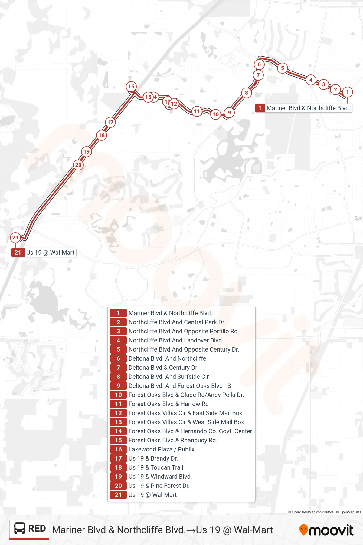 RED bus Line (Mariner Blvd & Northcliffe Blvd.→Us 19 @ Wal-Mart) route and stops on a map