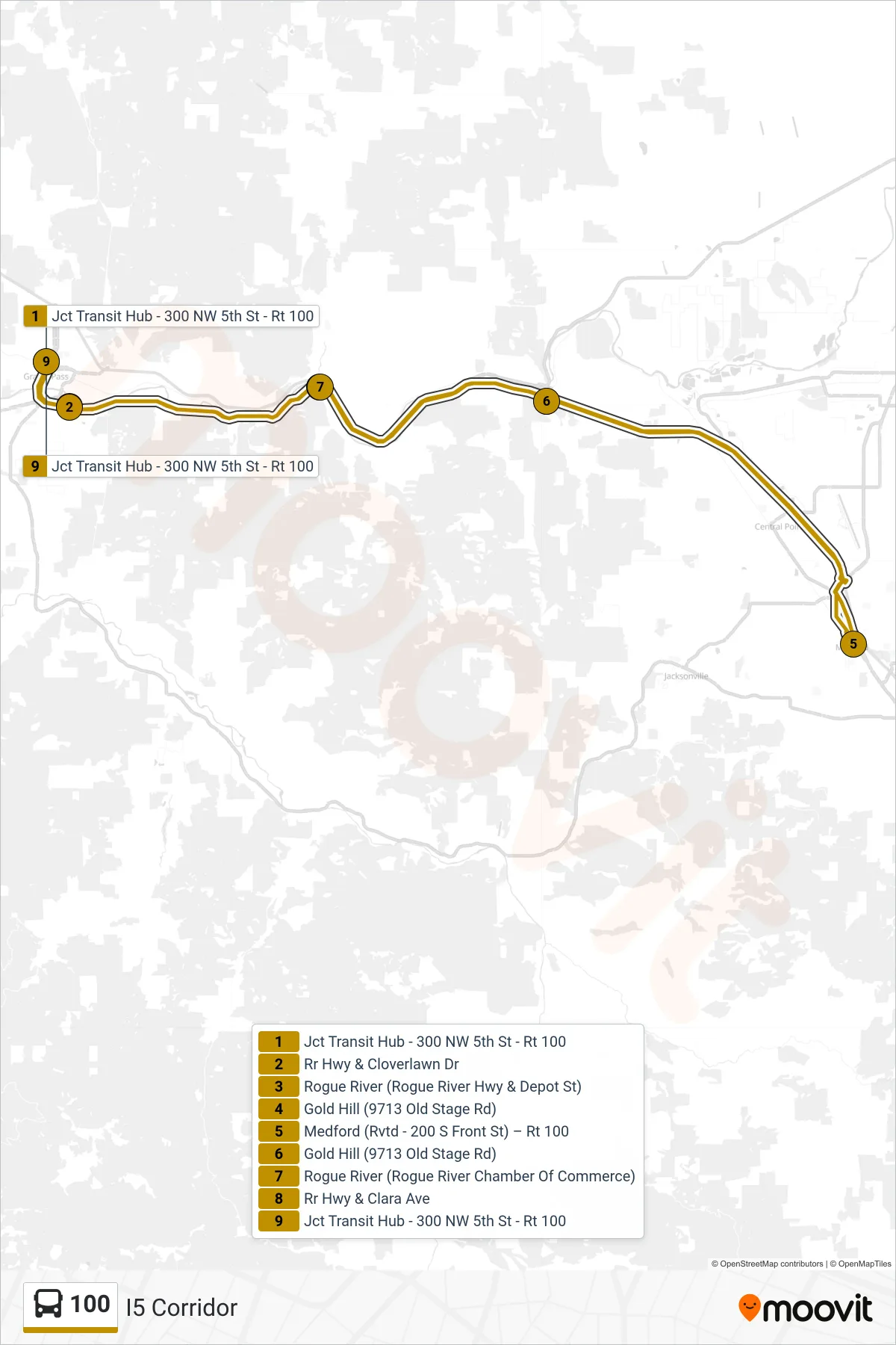 100 bus Line (I5 Corridor) route and stops on a map