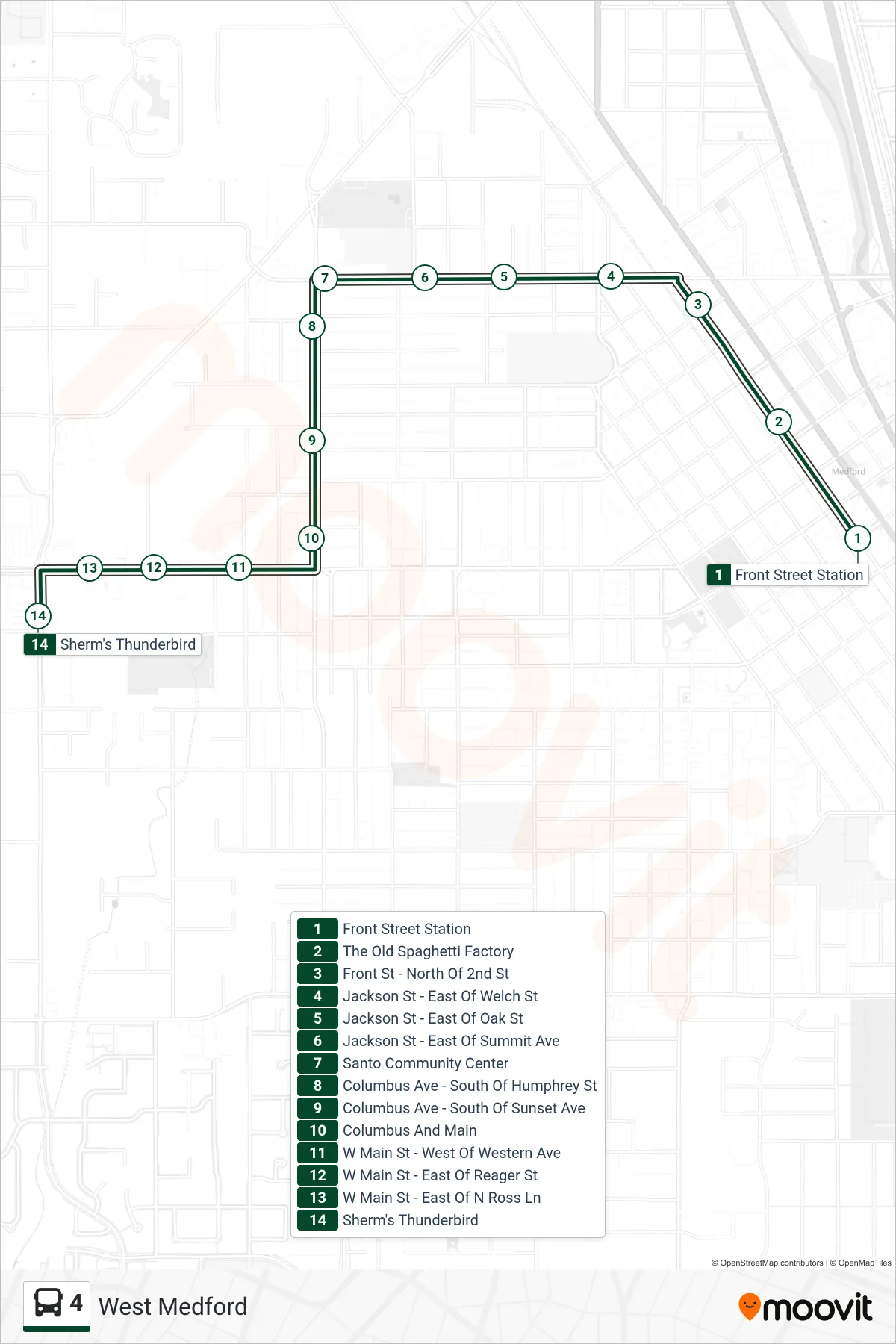 4 bus Line (West Medford) route and stops on a map