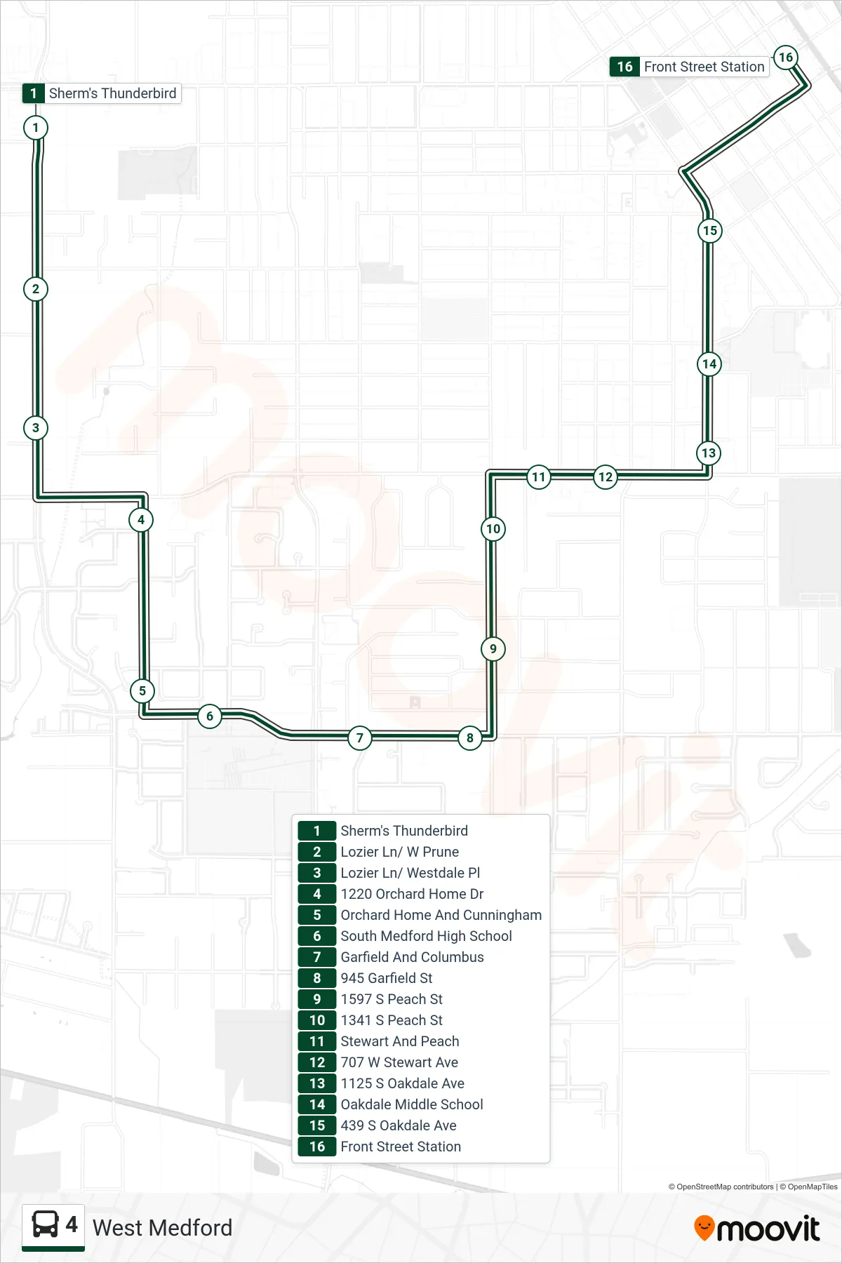 4 bus Line (Medford / Front St Station) route and stops on a map