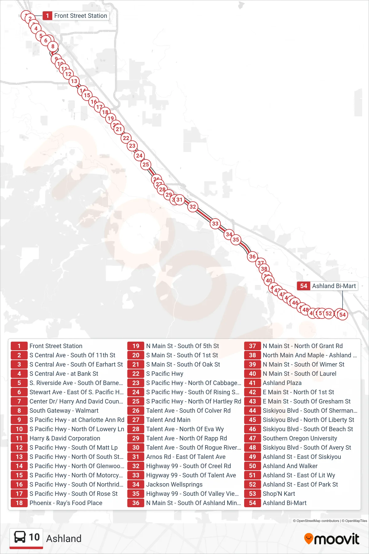 10 bus Line (Ashland) route and stops on a map
