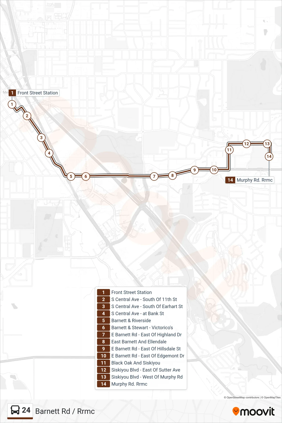 24 bus Line (Barnett Rd / Rrmc) route and stops on a map