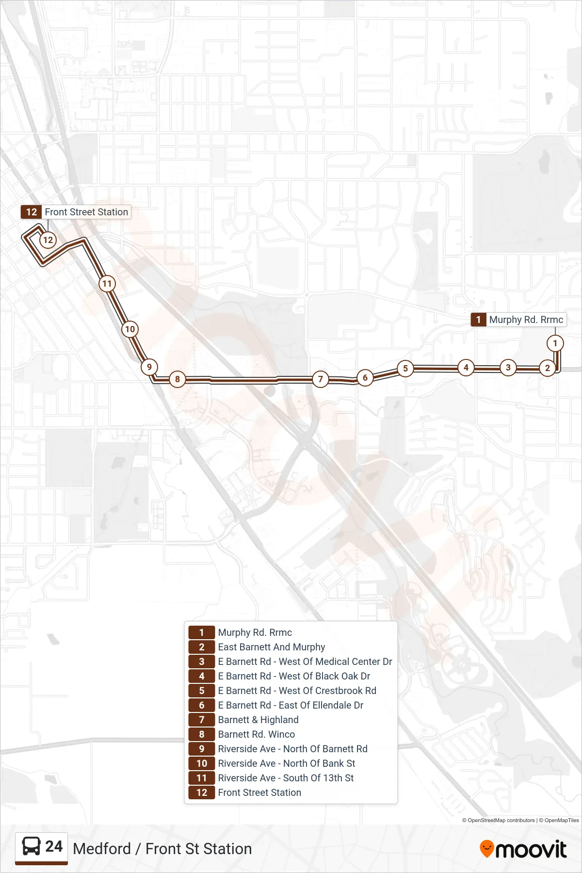 24 bus Line (Medford / Front St Station) route and stops on a map