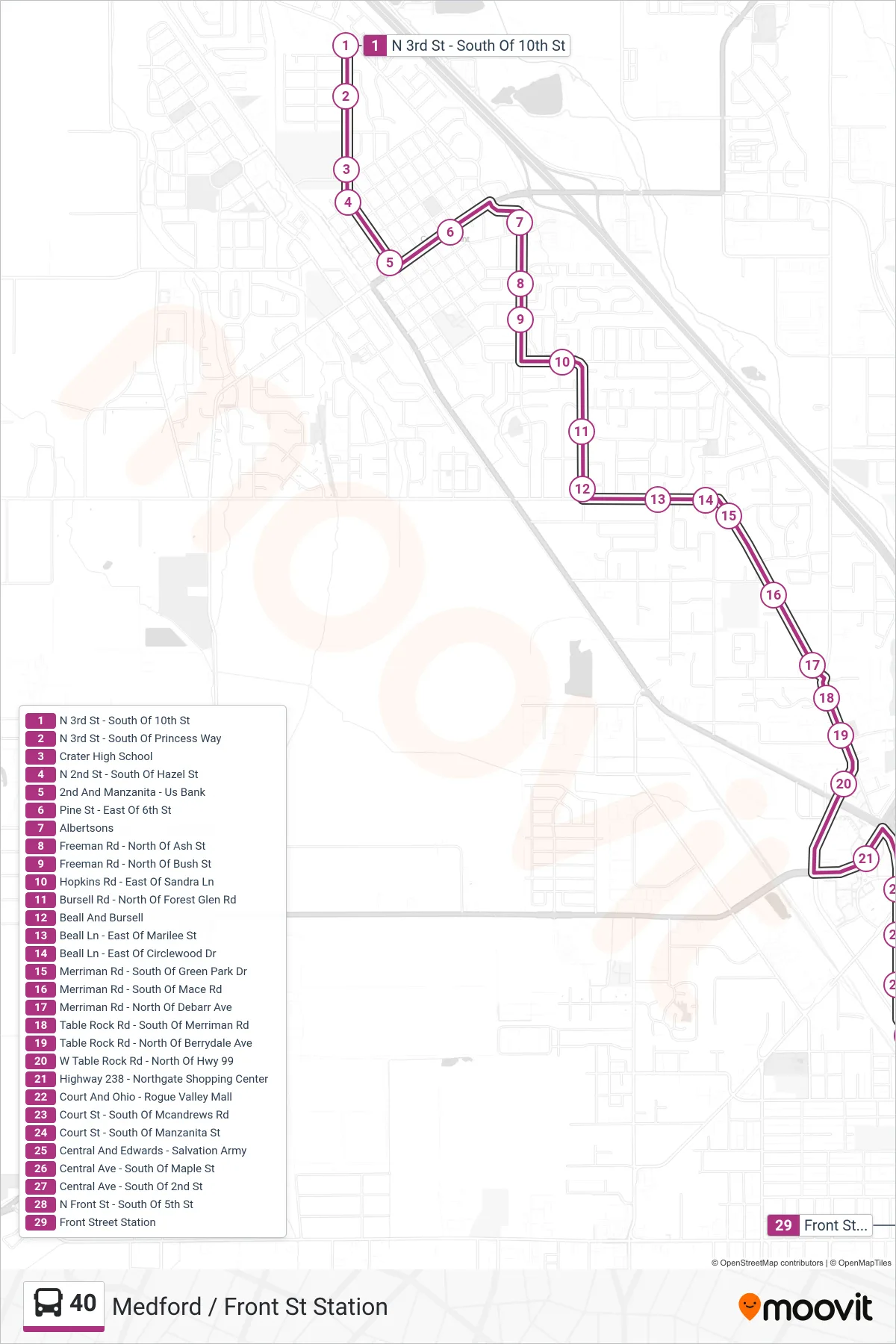 40 bus Line (Medford / Front St Station) route and stops on a map