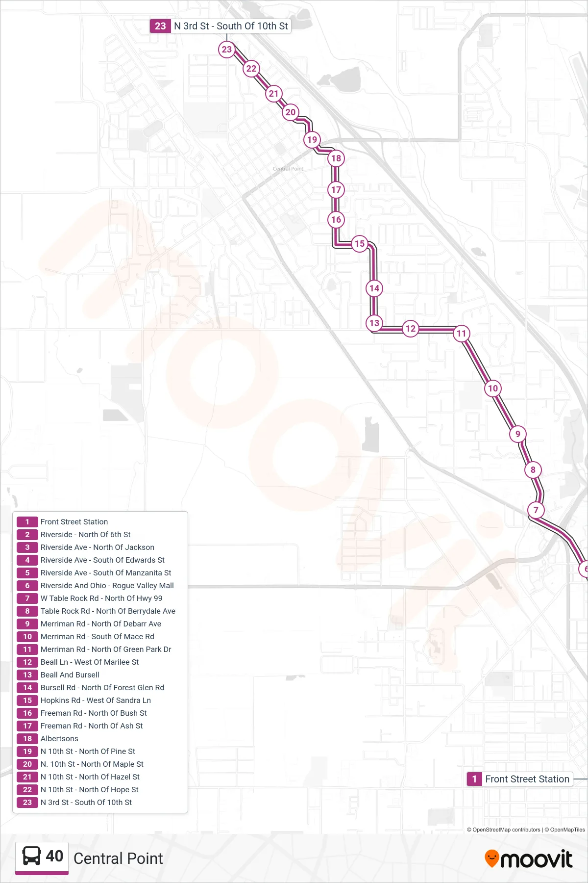 40 bus Line (Central Point) route and stops on a map
