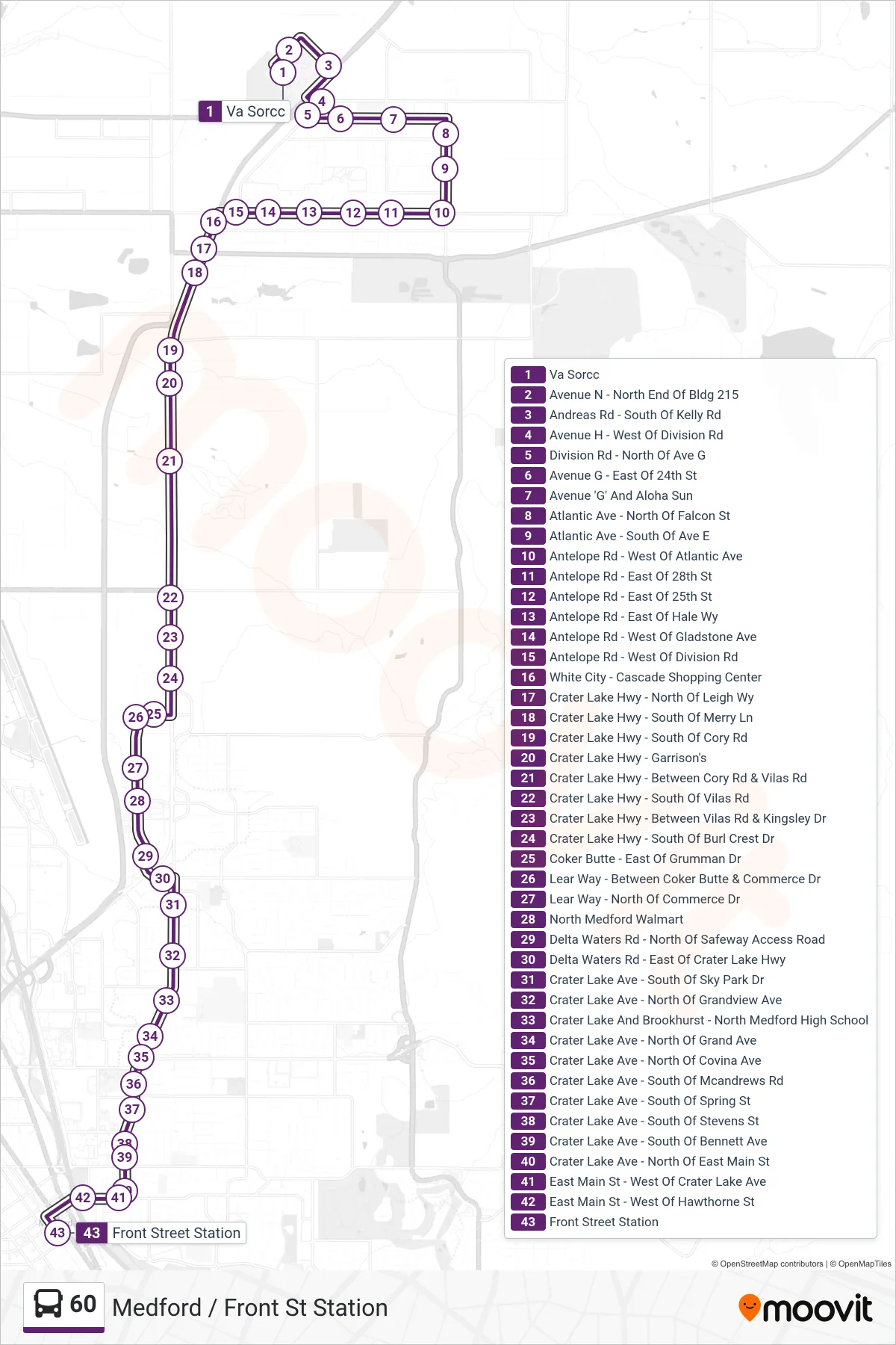 60 bus Line (Medford / Front St Station) route and stops on a map