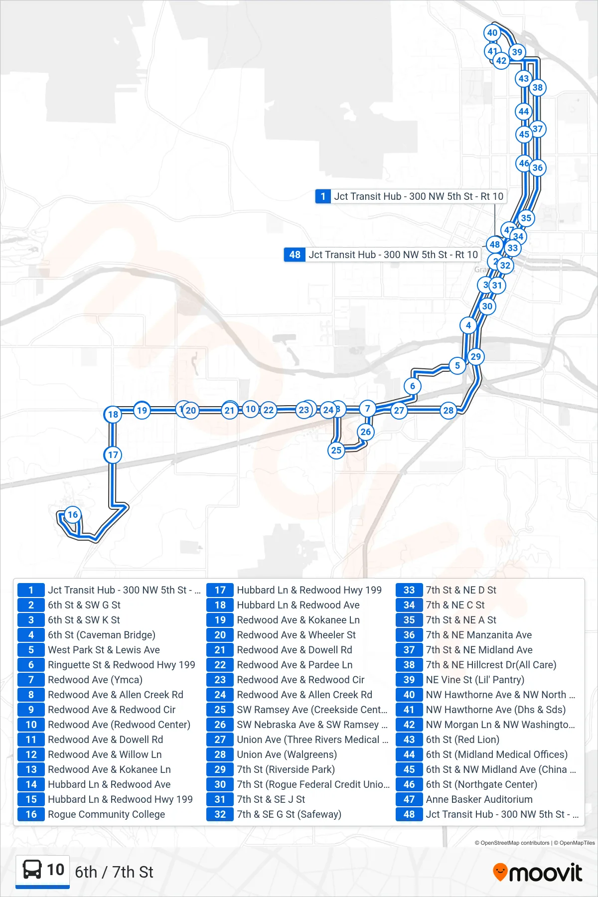 10 bus Line (6th / 7th St) route and stops on a map