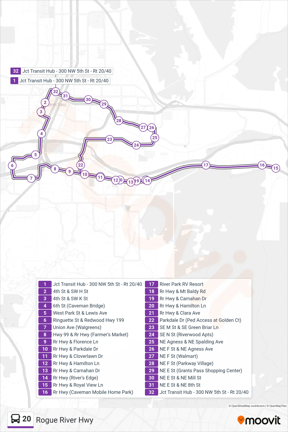 20 bus Line (Rogue River Hwy) route and stops on a map