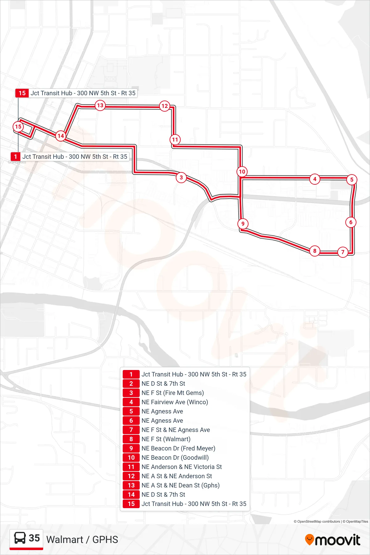 35 bus Line (Walmart / GPHS) route and stops on a map